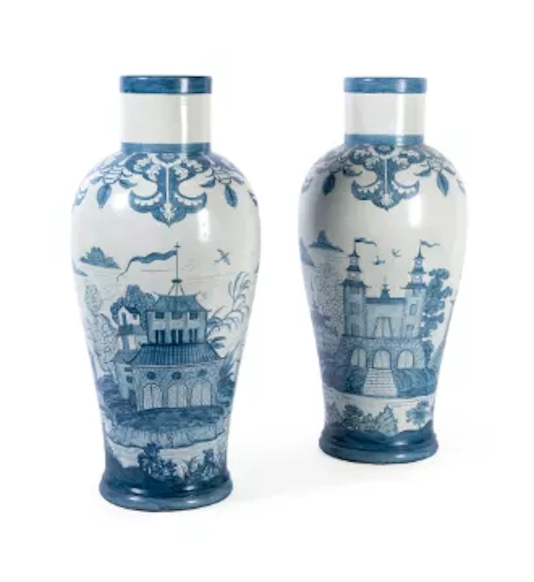 A PAIR OF BLUE AND WHITE PAINTED VASES, PAINTED BY GEORGE OAKES, WITH