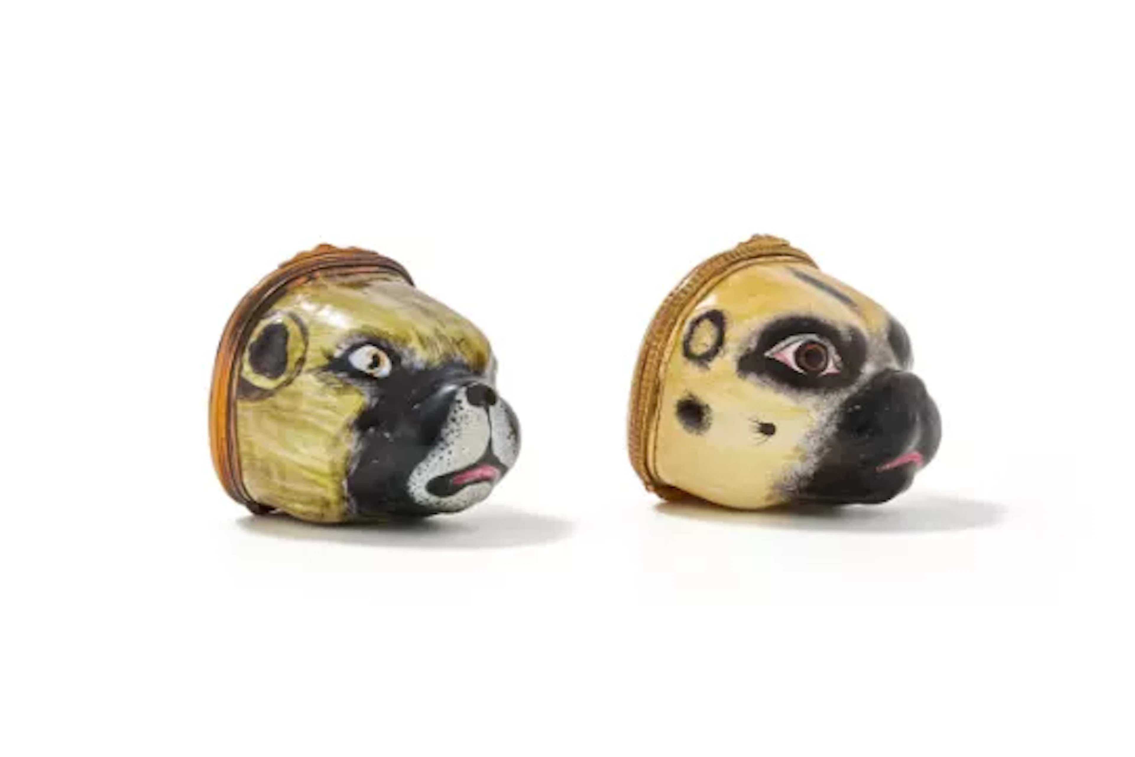 TWO ENAMEL PUG DOG SNUFF BOXES OR BONBONNIERS, LATE 18TH CENTURY