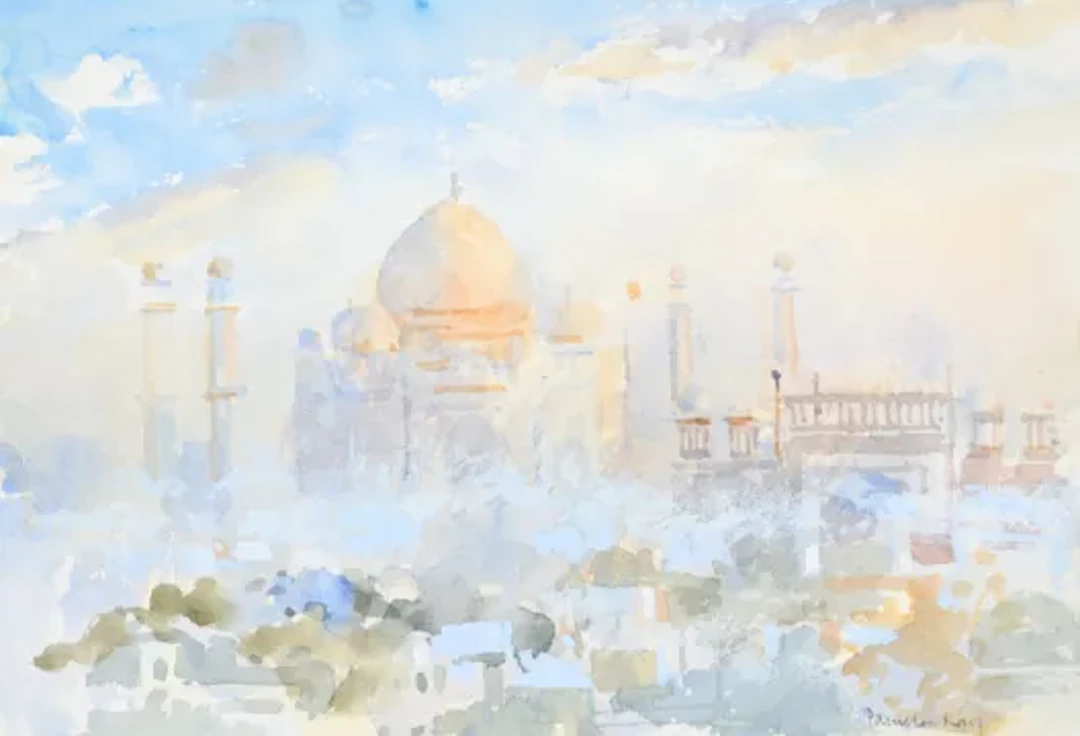 λ PAMELA KAY (BRITISH B. 1939), TAJ MAHAL IN MORNING MIST