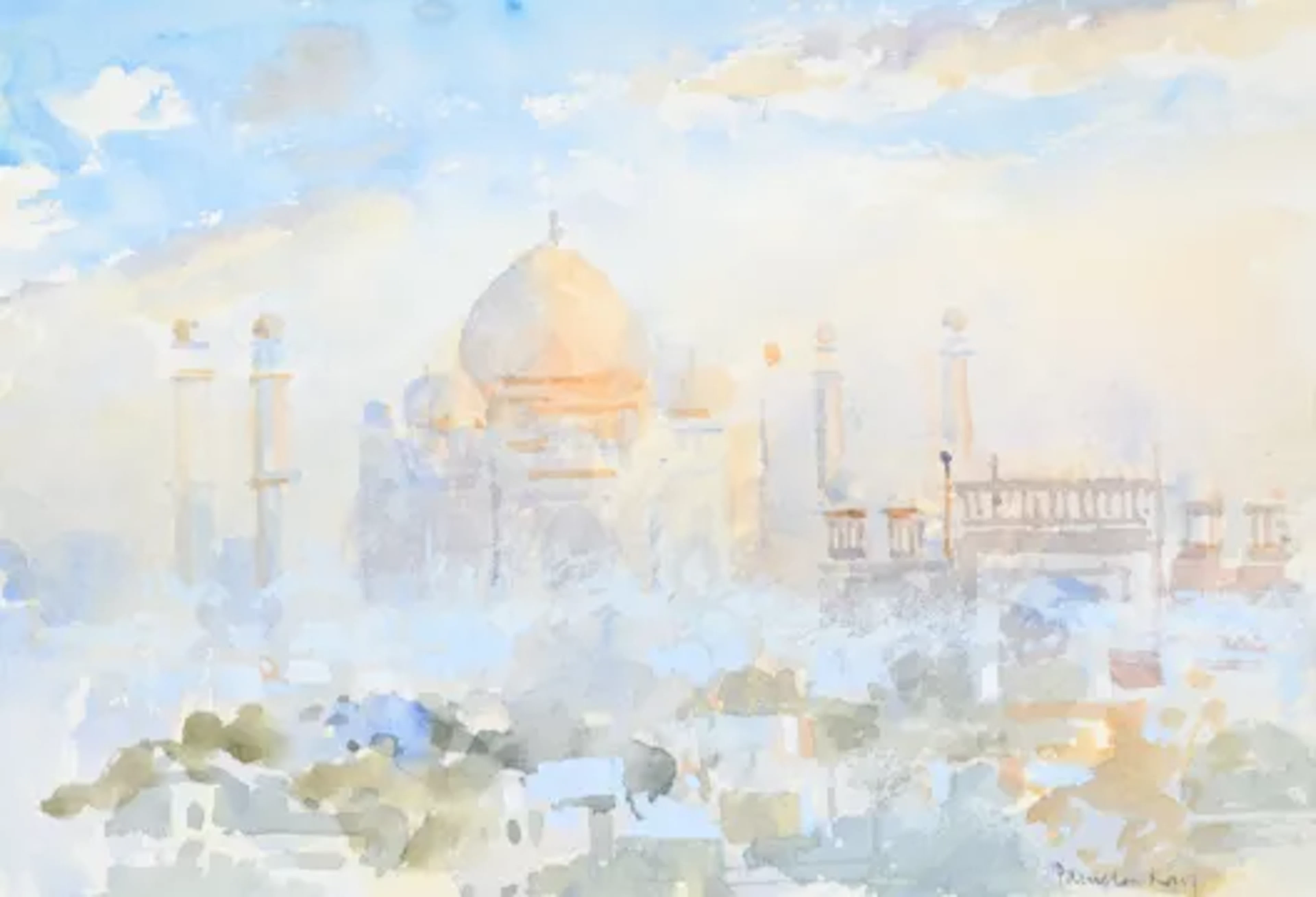 λ PAMELA KAY (BRITISH B. 1939), TAJ MAHAL IN MORNING MIST