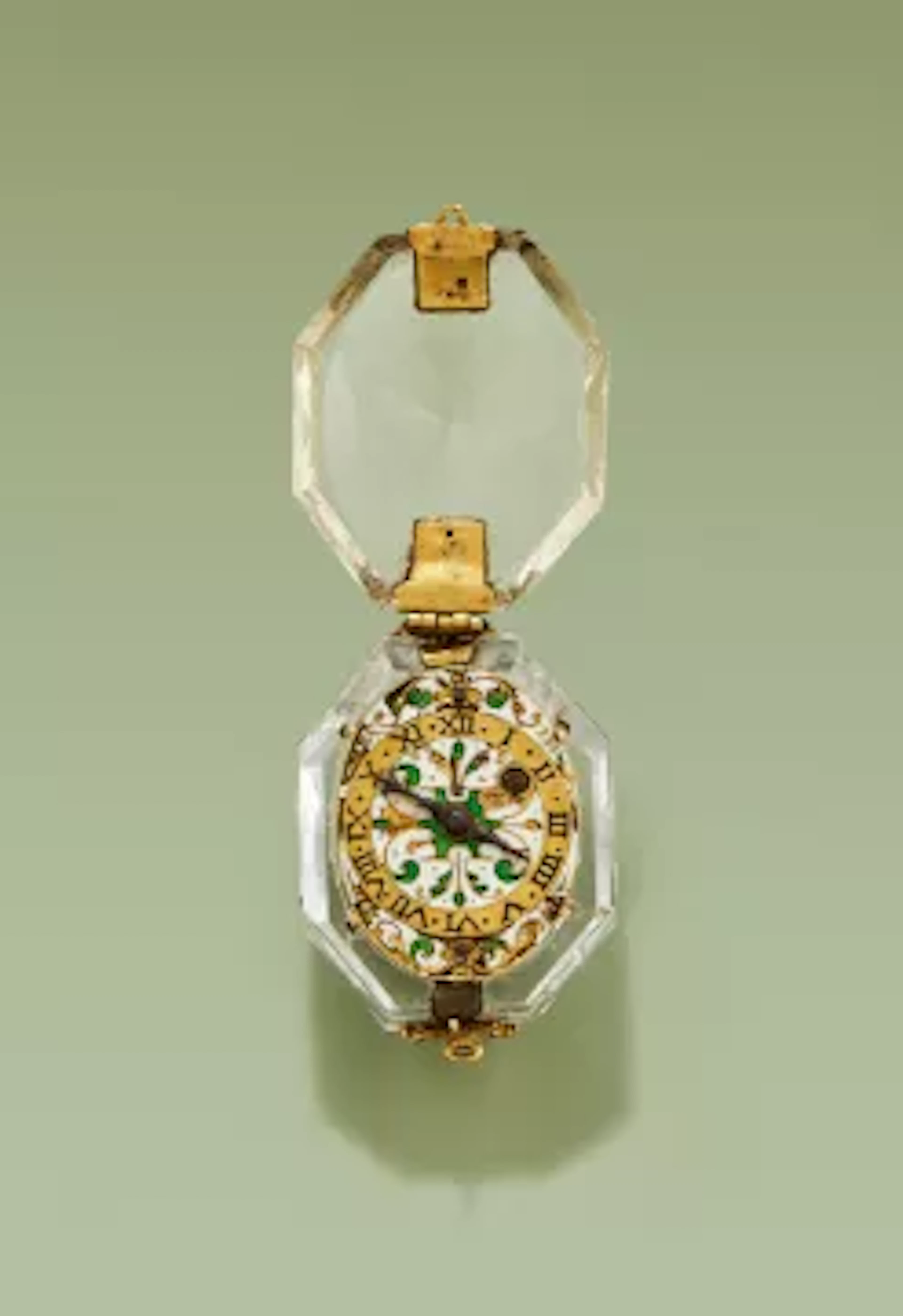 AN IMPORTANT CHARLES I GOLD AND CHAMPLEVE ENAMEL MOUNTED ROCK CRYSTAL
