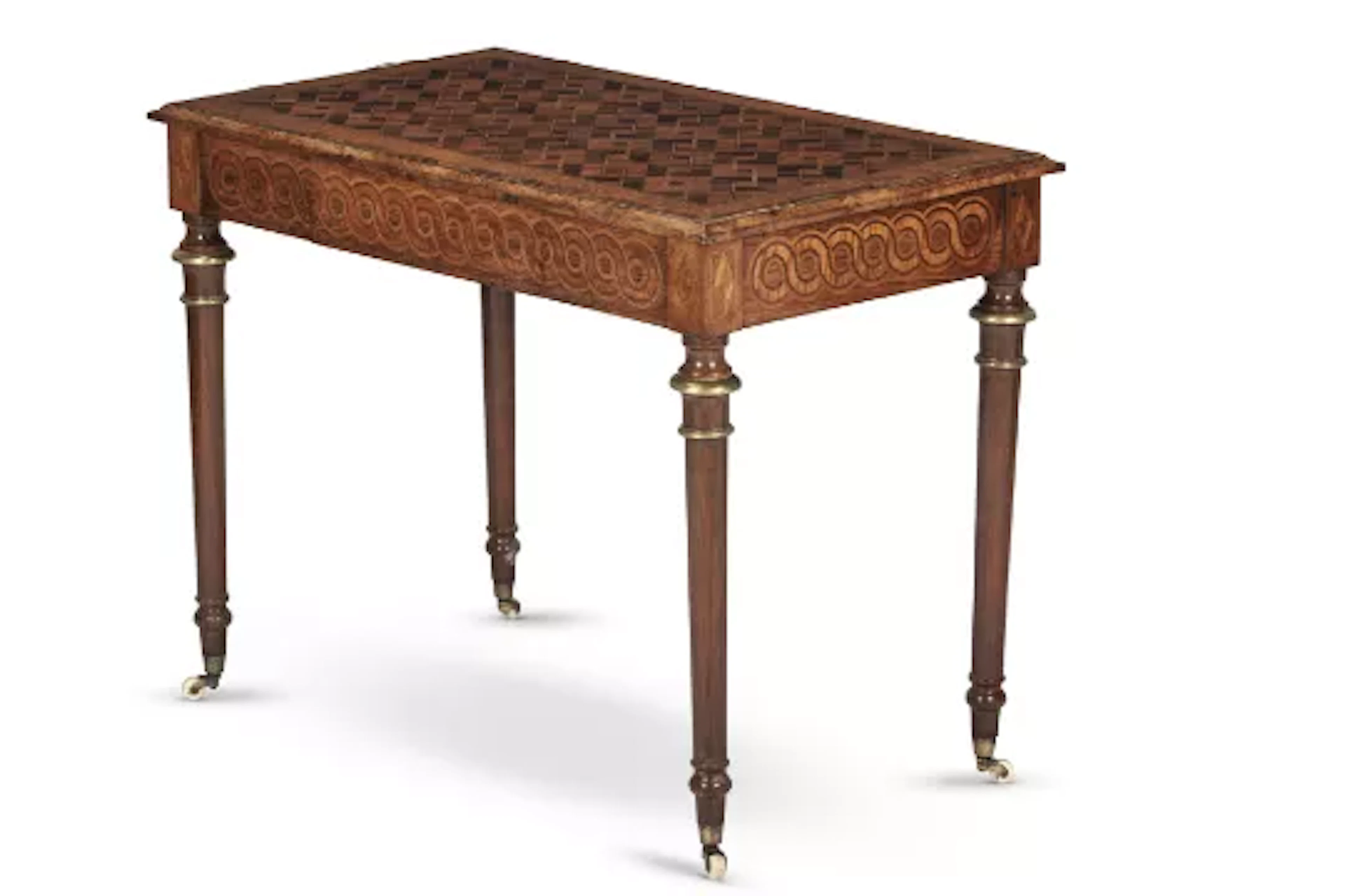 Y A VICTORIAN BRASS MOUNTED WALNUT AND SPECIMEN PARQUETRY AND MARQUETRY