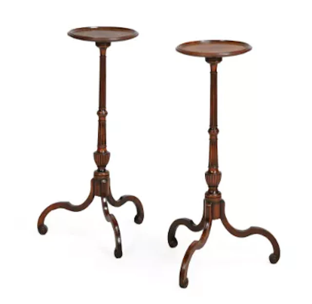 A PAIR OF GEORGE III MAHOGANY CANDLE STANDS, IN THE MANNER OF INCE