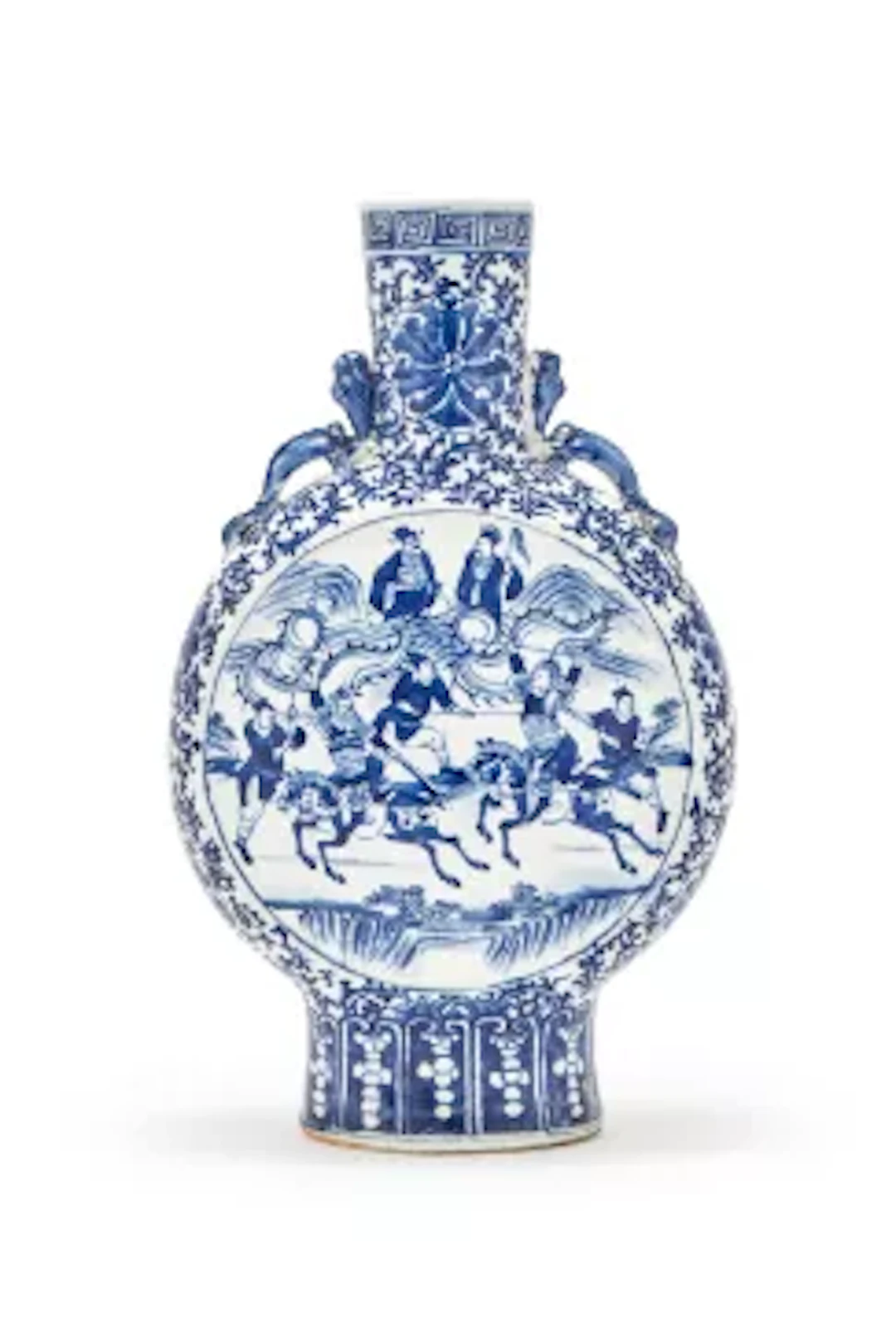 A Chinese blue and white 'battle scene' moon flask, 19th century