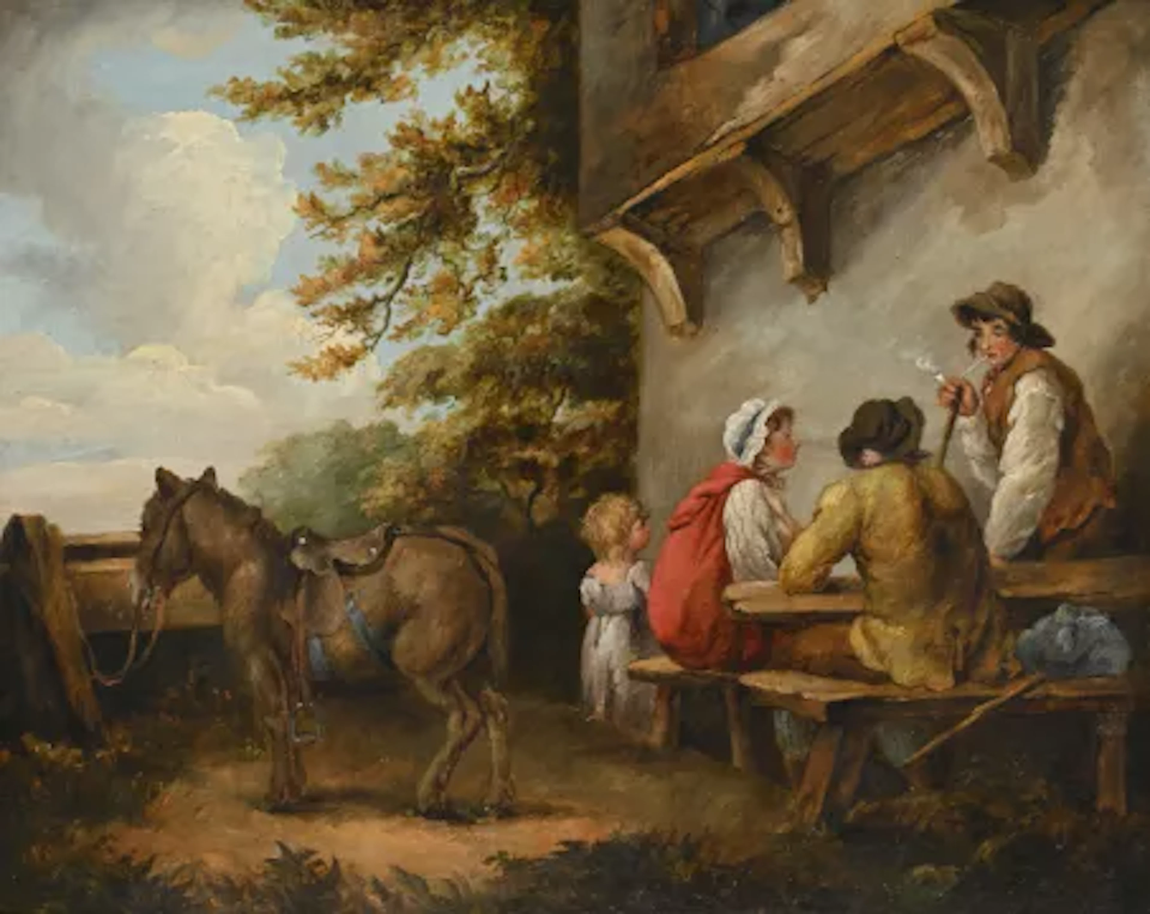 FOLLOWER OF GEORGE MORLAND, FIGURES CONVERSING BESIDE A TETHERED DONKEY