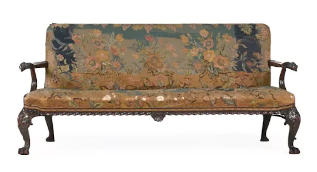 A GEORGE II MAHOGANY AND NEEDLEWORK UPHOLSTERED SETTEE, CIRCA 1740 AND LATER