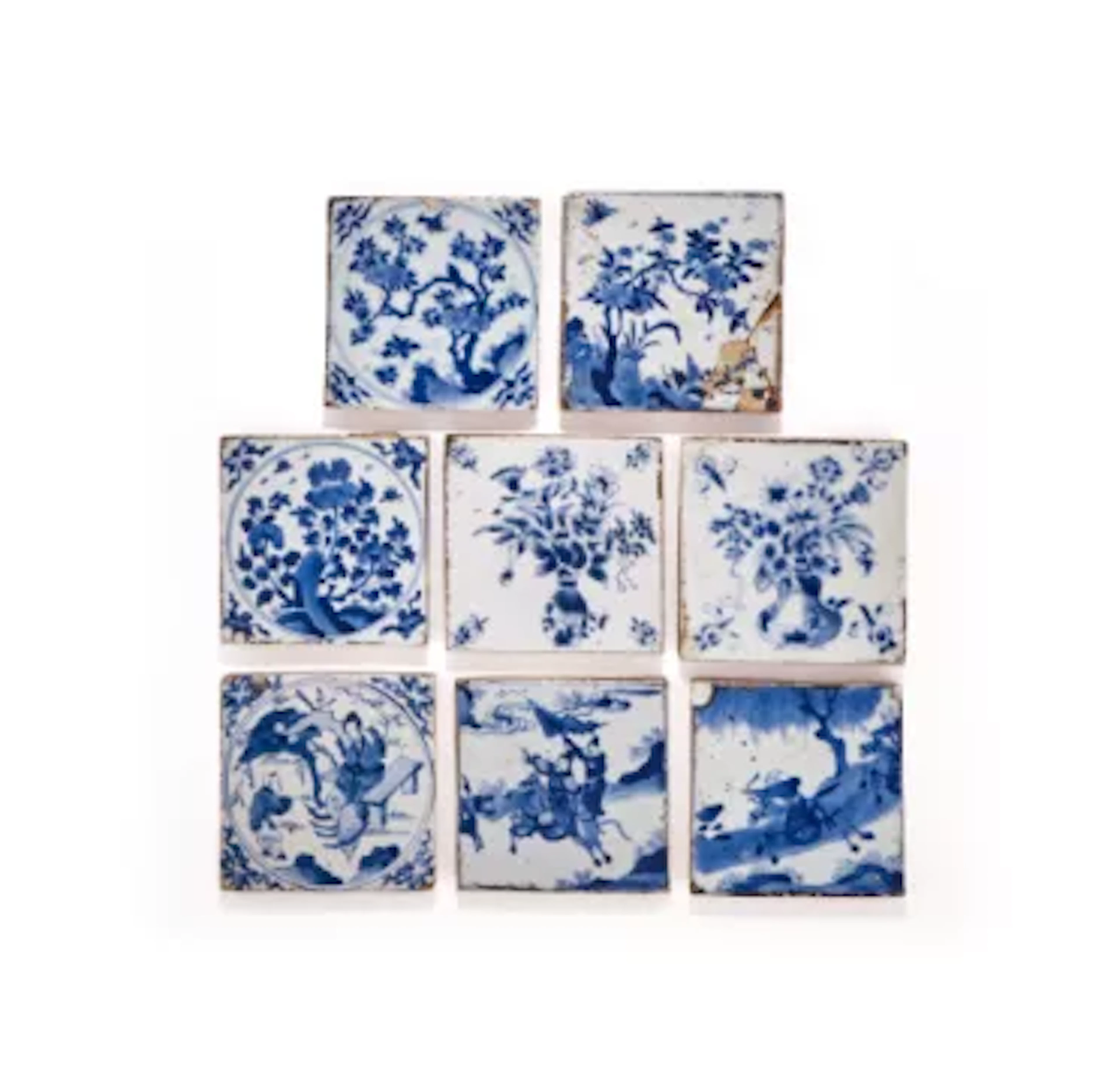 Eight Chinese blue and white square tiles, Kangxi (1662-1722)
