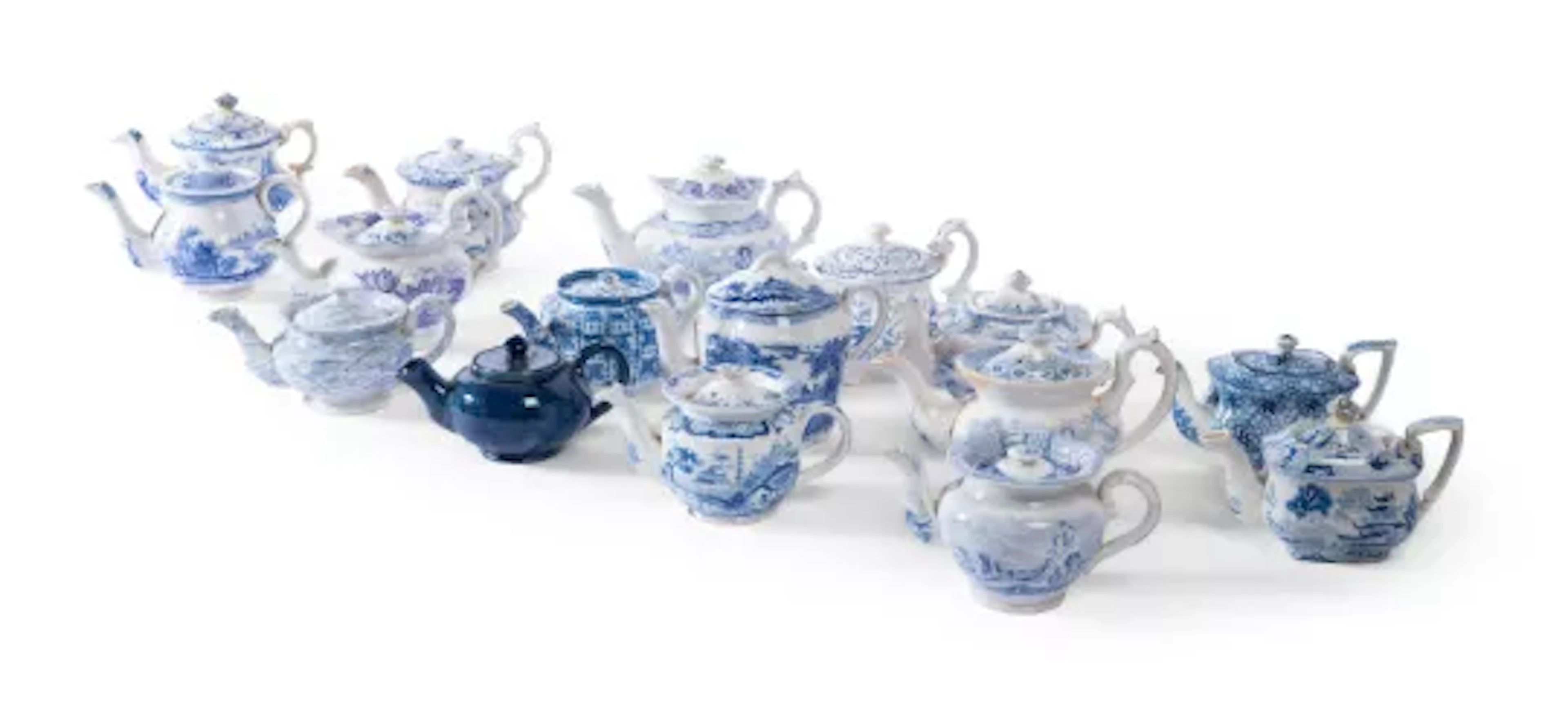 A COLLECTION OF MOSTLY STAFFORDSHIRE PRINTED SMALL TEAPOTS AND COVERS