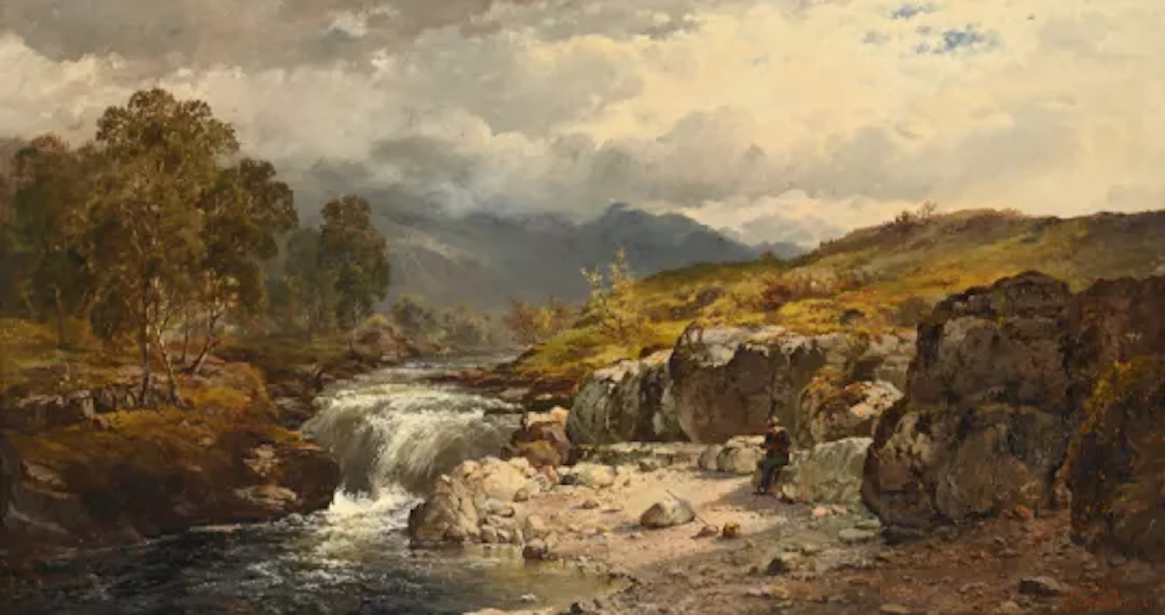 ALFRED DE BREANSKI SNR (BRITISH 1852-1928), ANGLER IN A MOUNTAINOUS LANDSCAPE