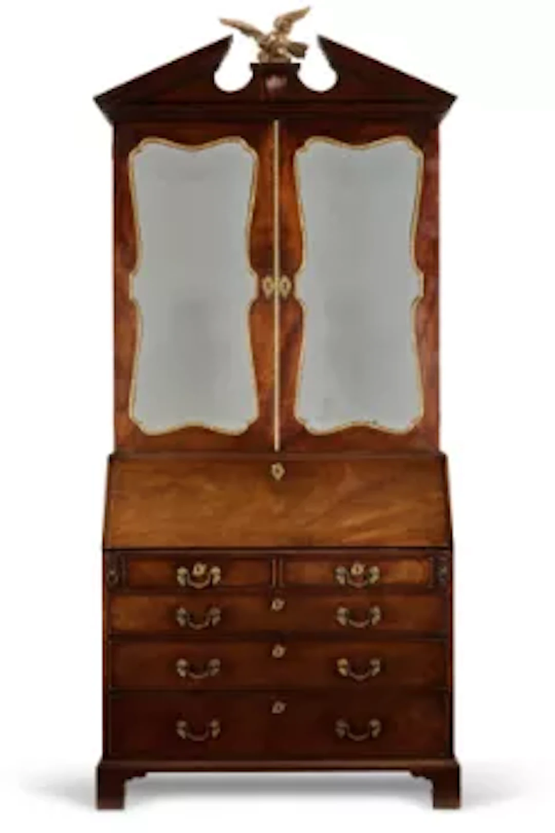 A GEORGE II PARCEL GILT DECORATED MAHOGANY BUREAU CABINET, MID 18TH CENTURY