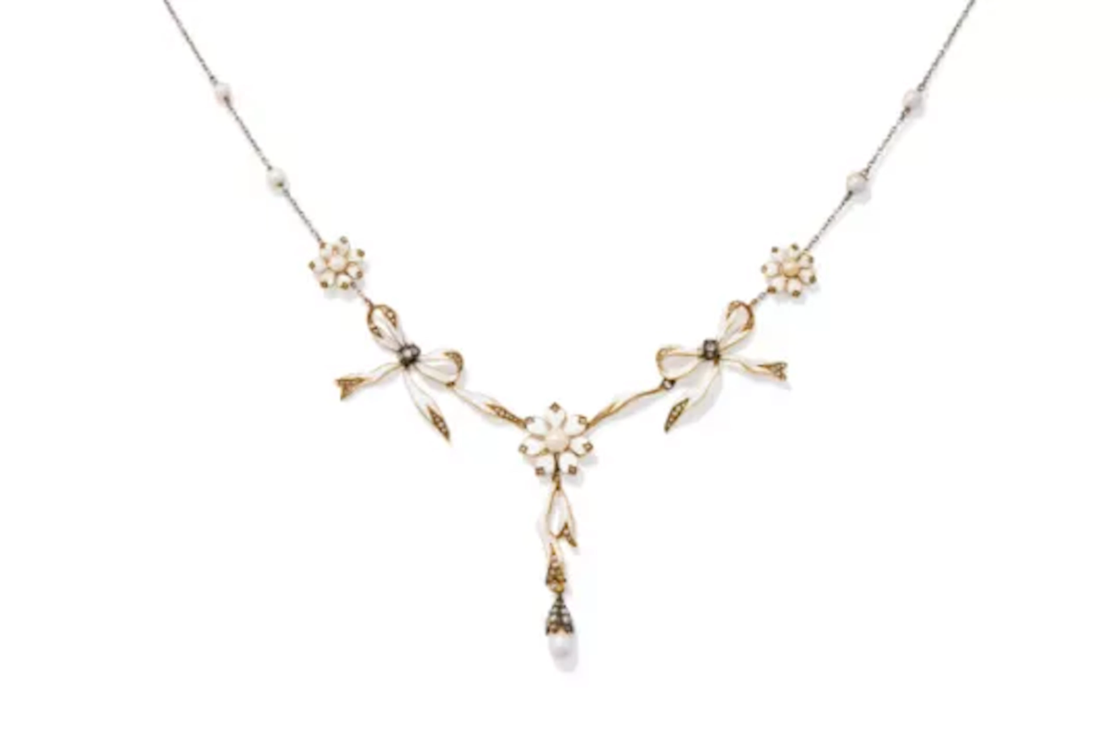 AN ENAMEL, DIAMOND AND PEARL NECKLACE