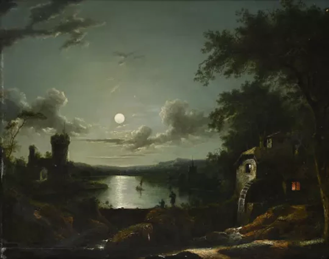 SEBASTIAN PETHER (BRITISH 1790-1844), A MOONLIT LANDSCAPE WITH A WATERMILL