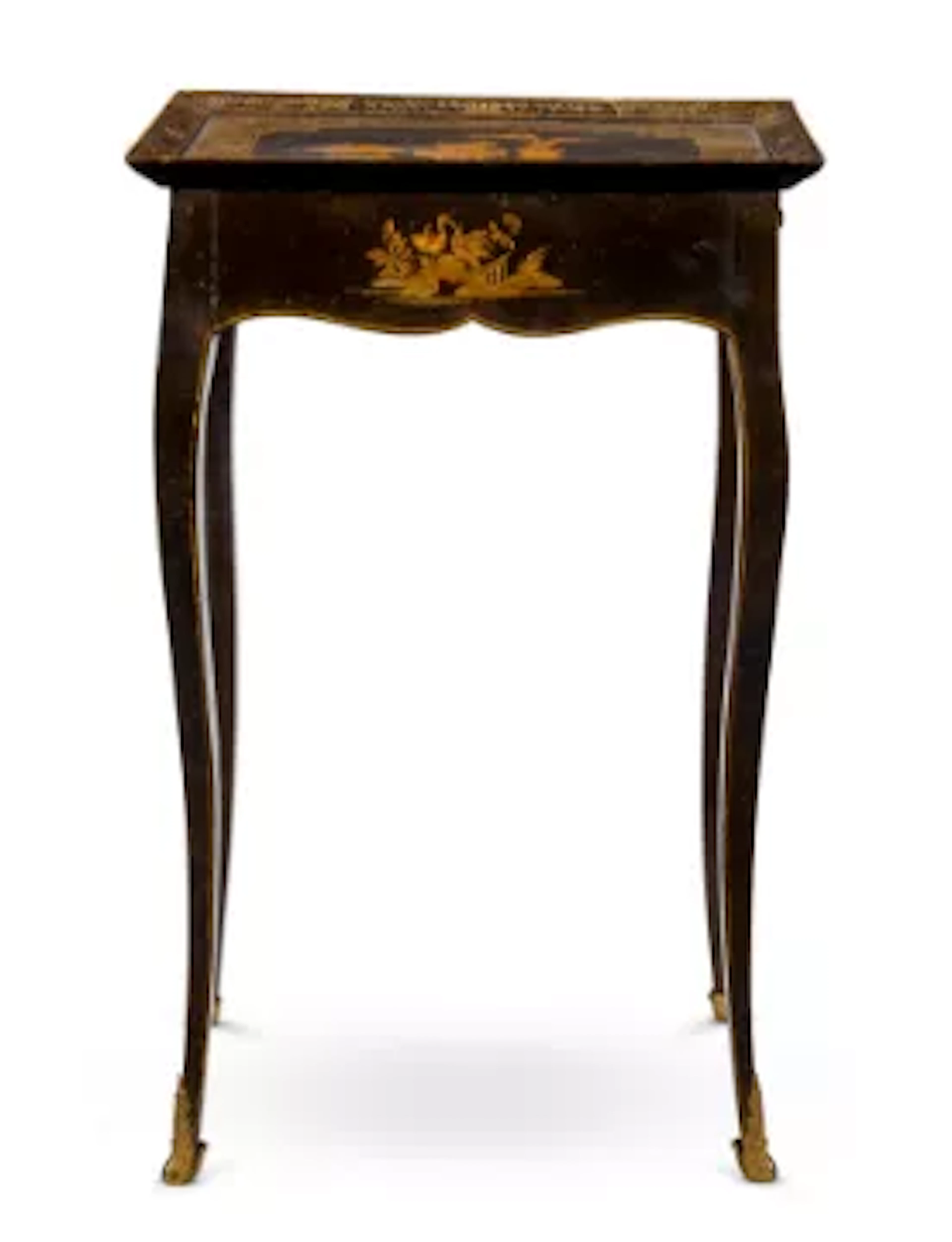 A FRENCH TRANSITIONAL BLACK AND GILT LACQUER AND JAPANNED TABLE EN