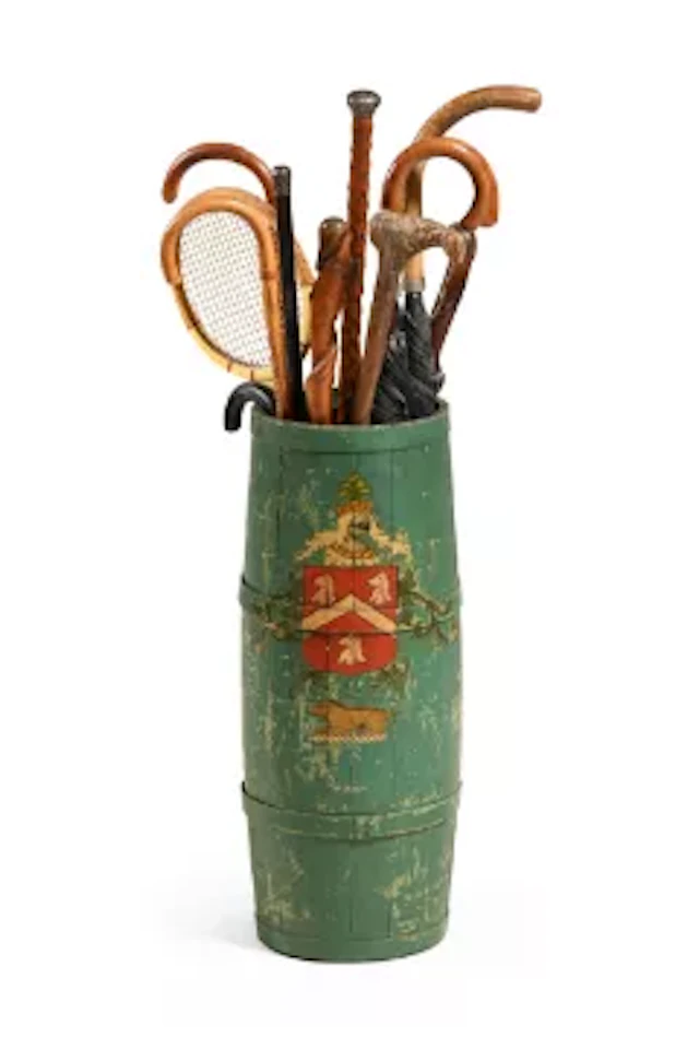A PAINTED COOPERED BARREL UMBRELLA STAND AND A QUANTITY OF STICKS, CIRCA 1900