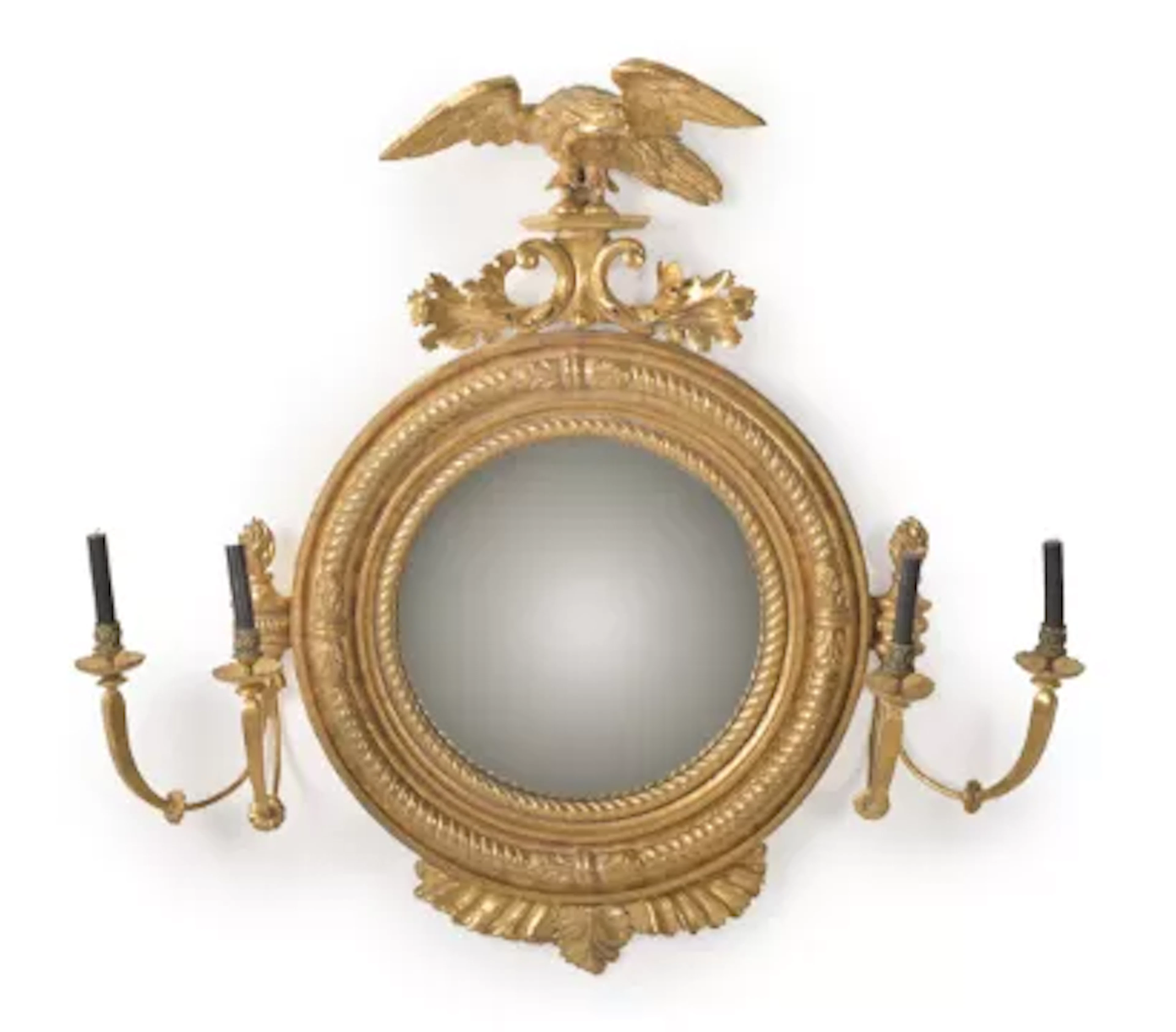 A REGENCY GILTWOOD CONVEX GIRANDOLE MIRROR, IN THE MANNER OF THOMAS