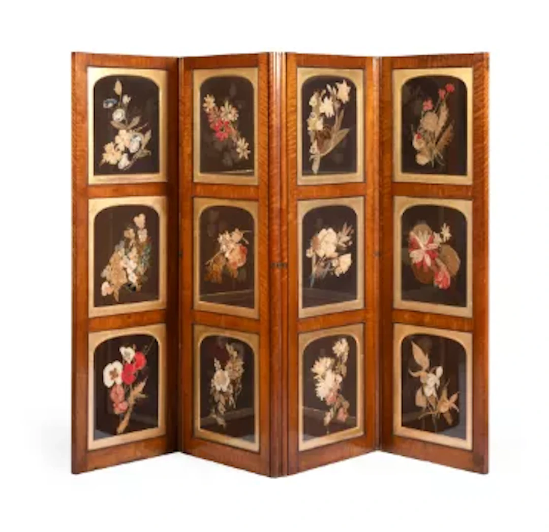 A VICTORIAN MAPLE AND NEEDLEWORK FOUR-FOLD ROOM SCREEN, LATE 19TH CENTURY