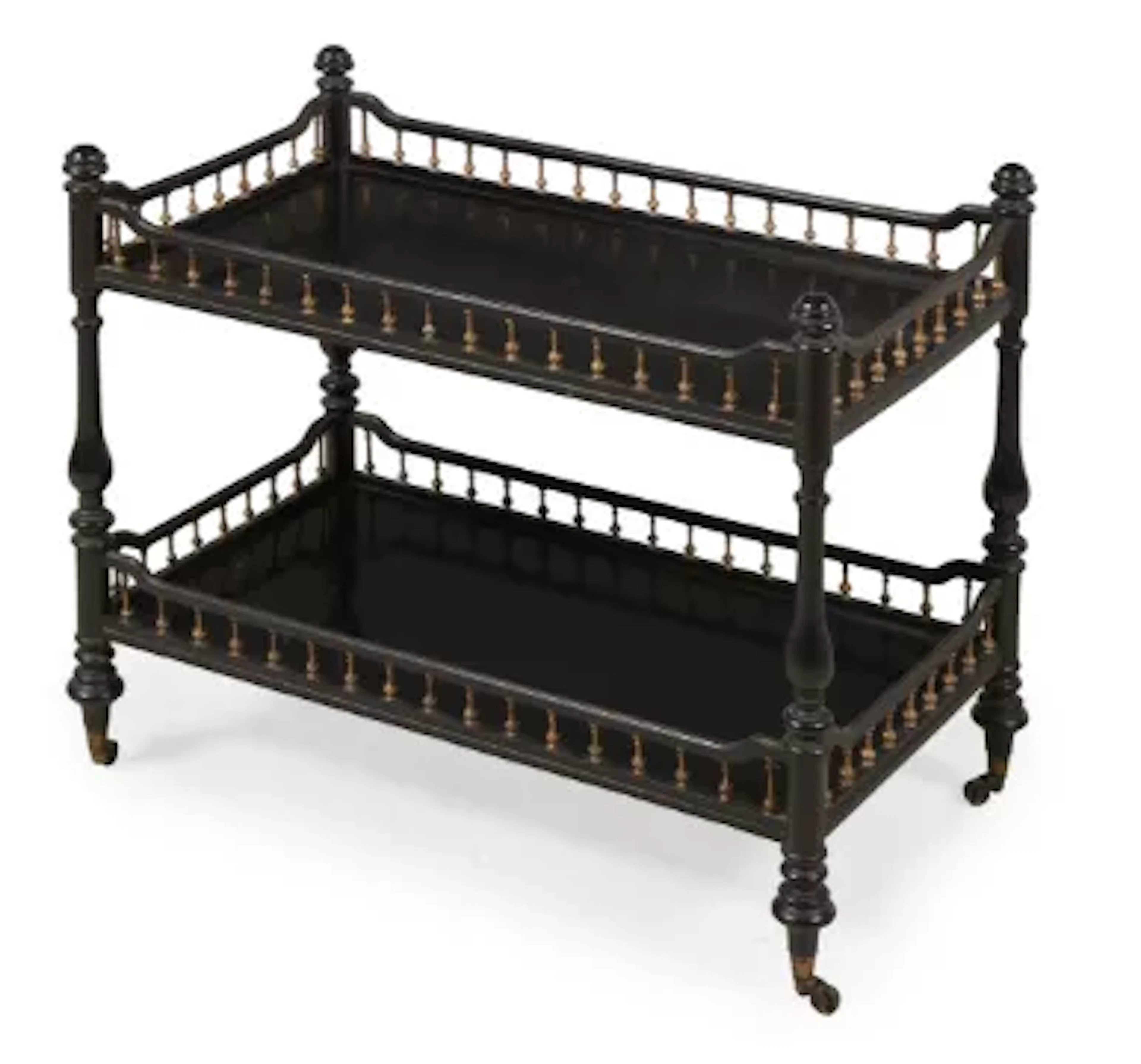 A VICTORIAN EBONISED AND PARCEL GILT TWO TIER ETAGERE, BY HOWARD AND