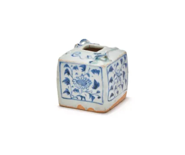 A Chinese small square blue and white waterpot, Yuan Dynasty (1271-1368)
