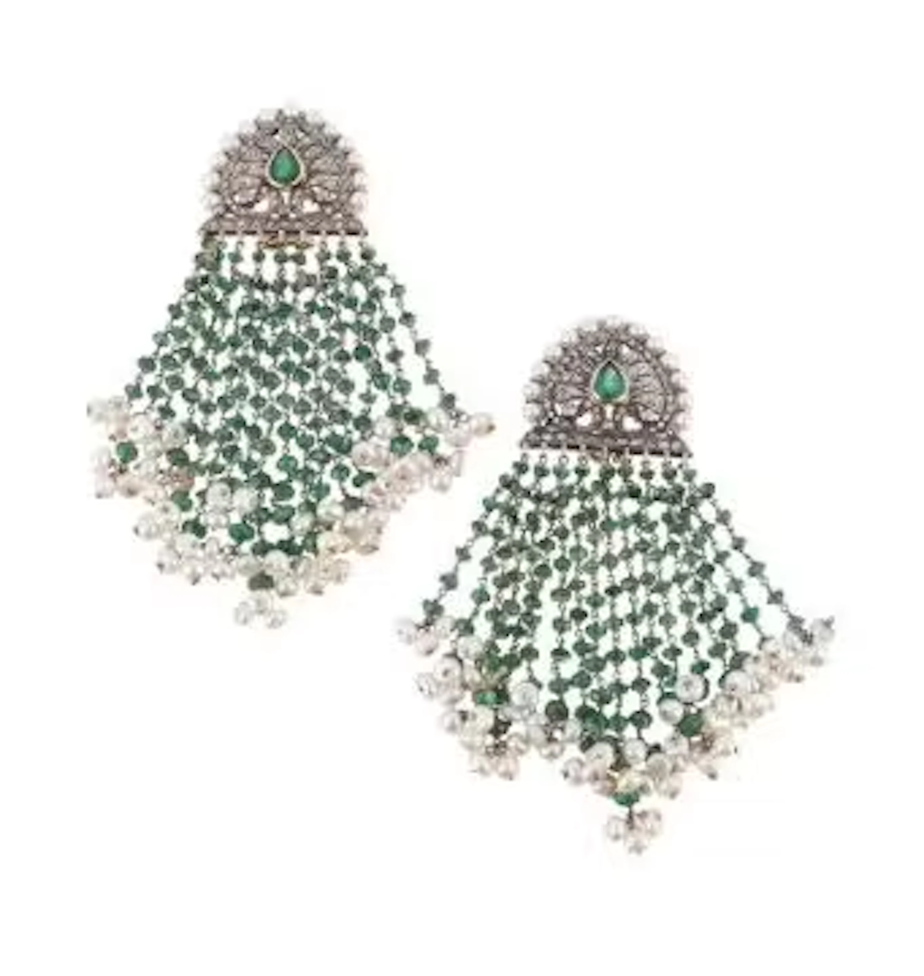 A PAIR OF EMERALD, DIAMOND AND FRESHWATER CULTURED PEARL FRINGE EARRINGS
