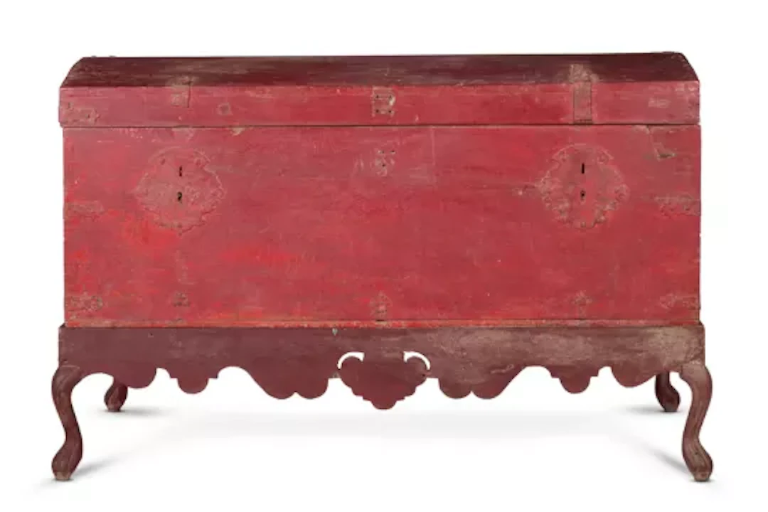 A RED PAINTED AND METAL BOUND DOMED CHEST, EARLY 20TH CENTURY