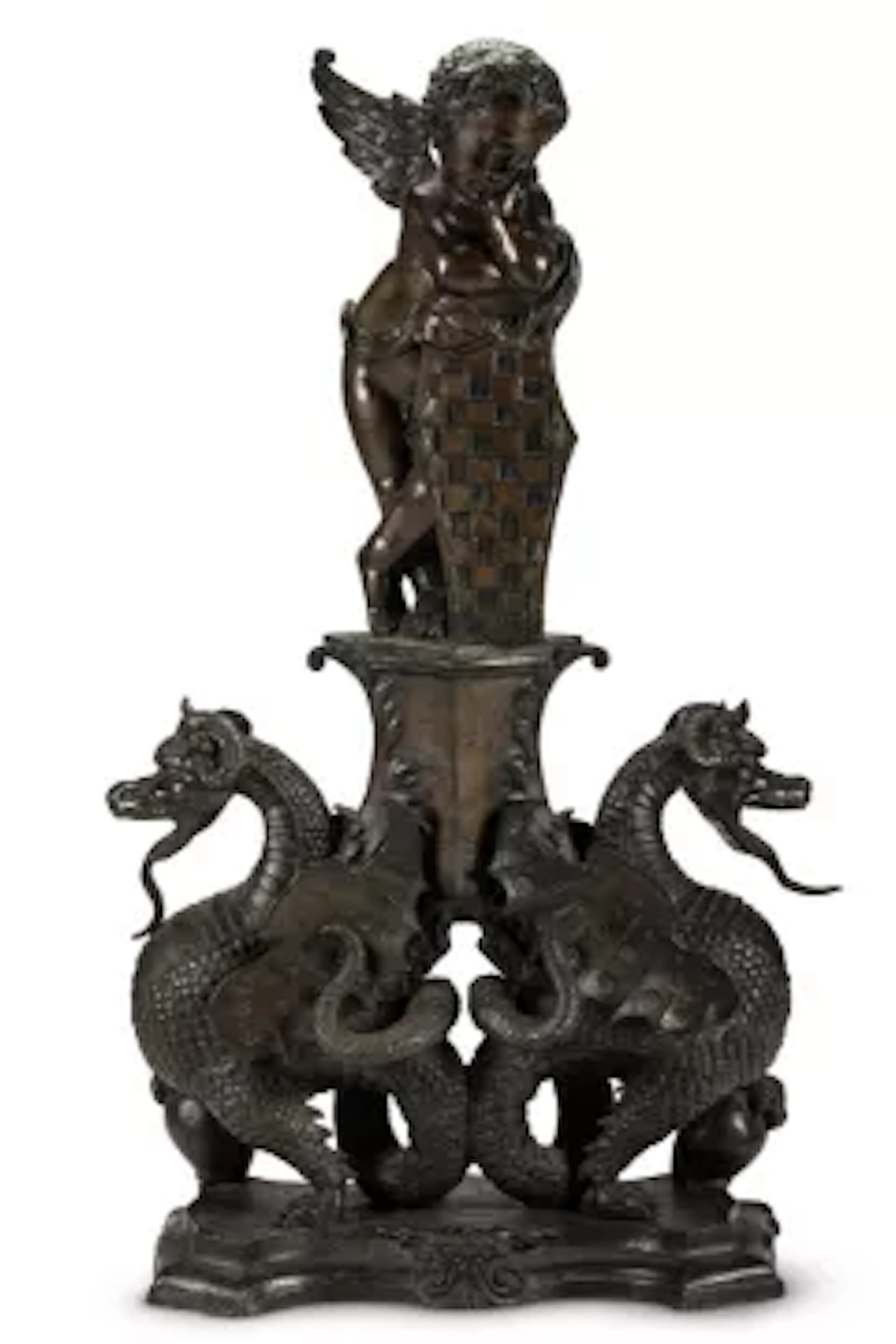 A BRONZE STANDING ARMORIAL PUTTO SUPPORTED BY TWO DRAGONS, ITALIAN
