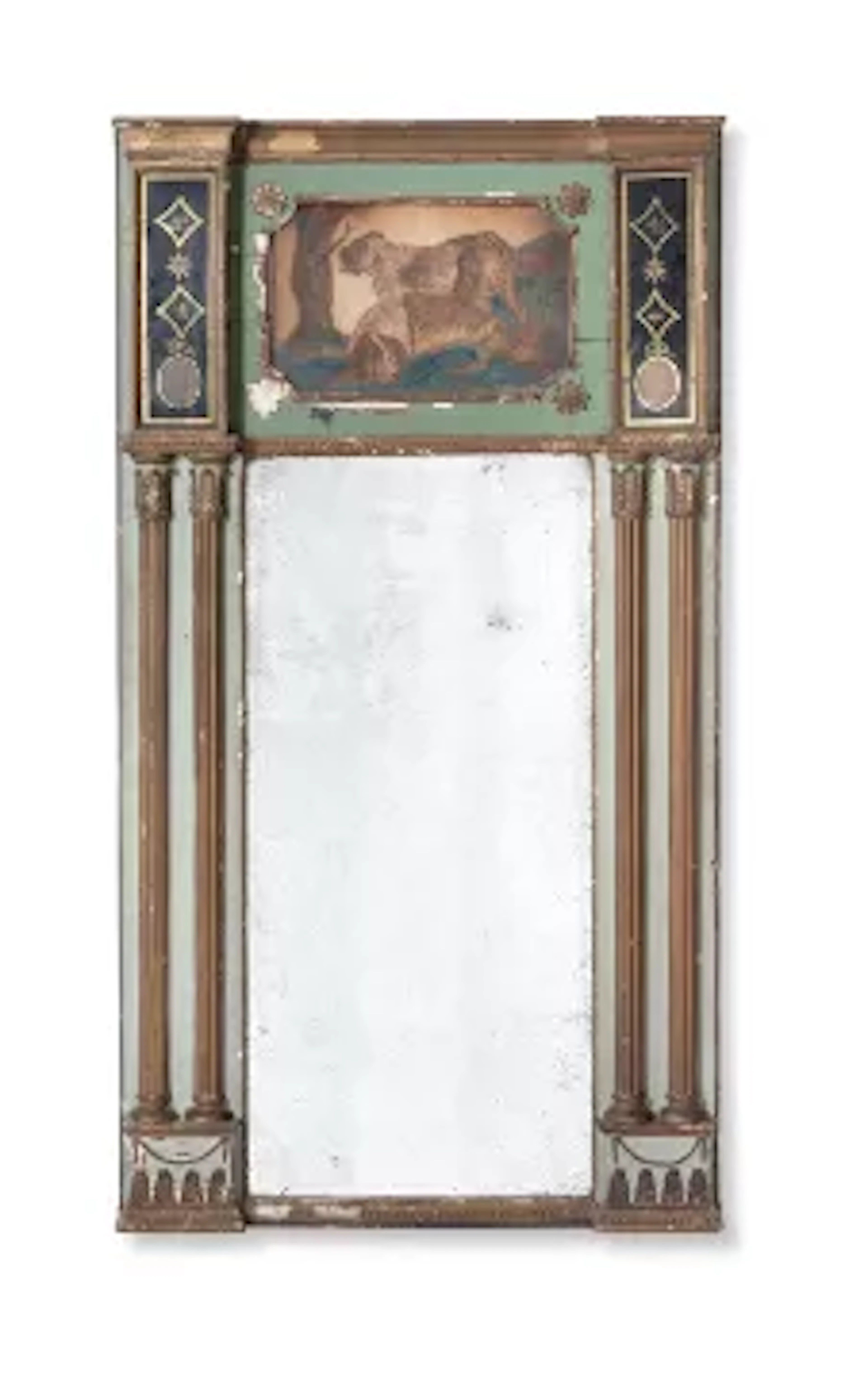 A GREEN PAINTED AND PART GILDED MIRROR, FRENCH, FIRST HALF 19TH CENTURY