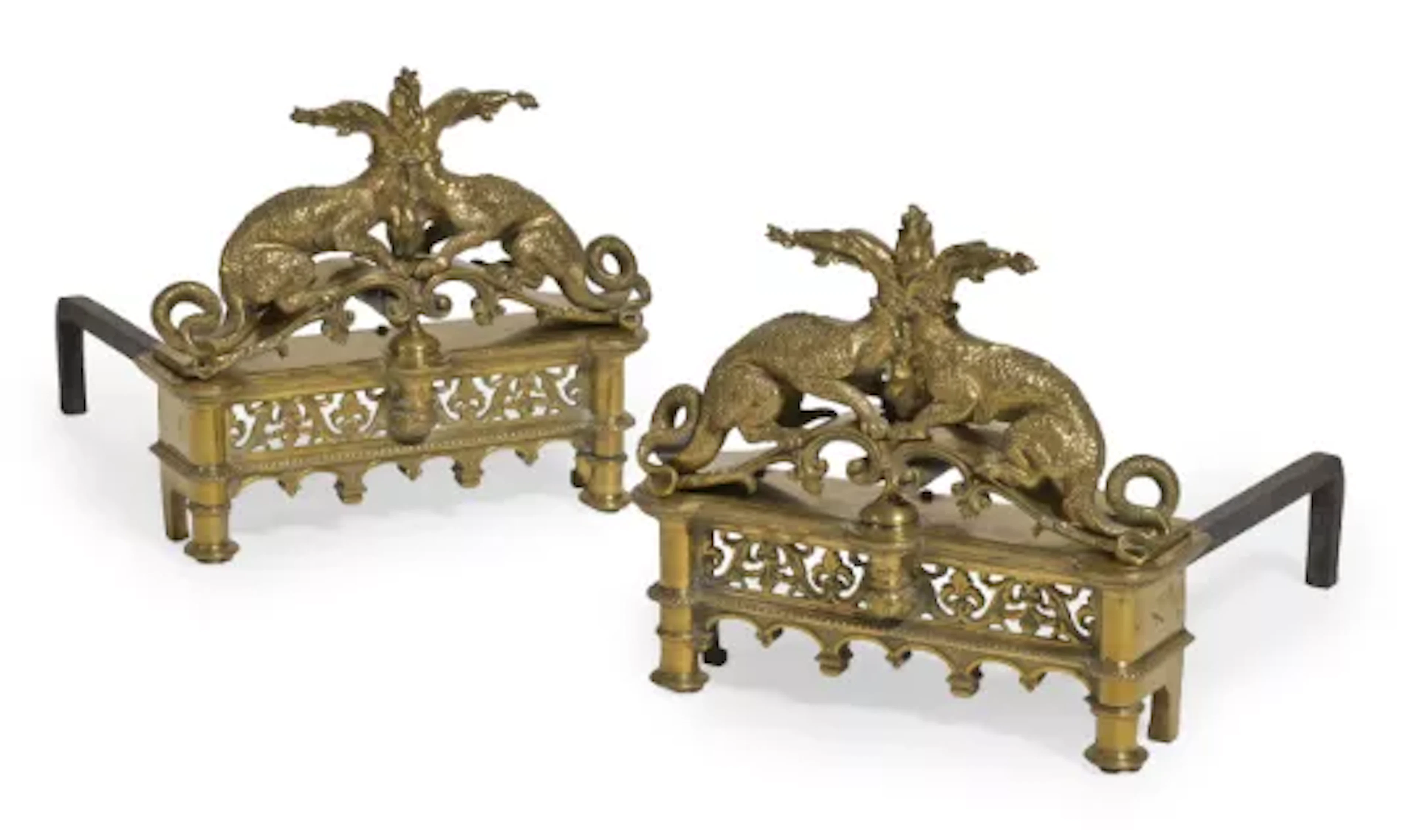 A PAIR OF GILT BRONZE ANDIRONS, FIRST HALF 19TH CENTURY