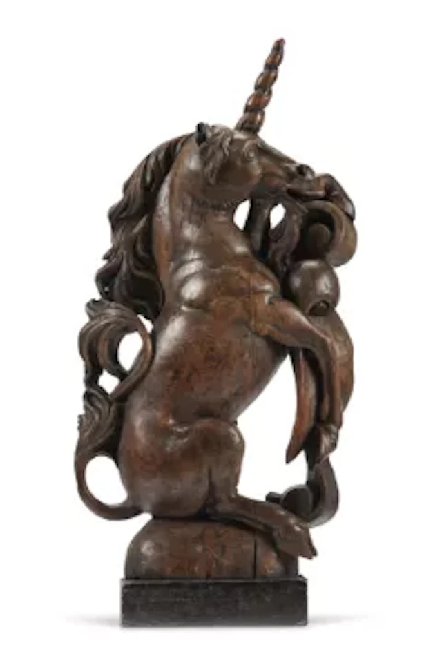 A CARVED ELM UNICORN, 18TH CENTURY