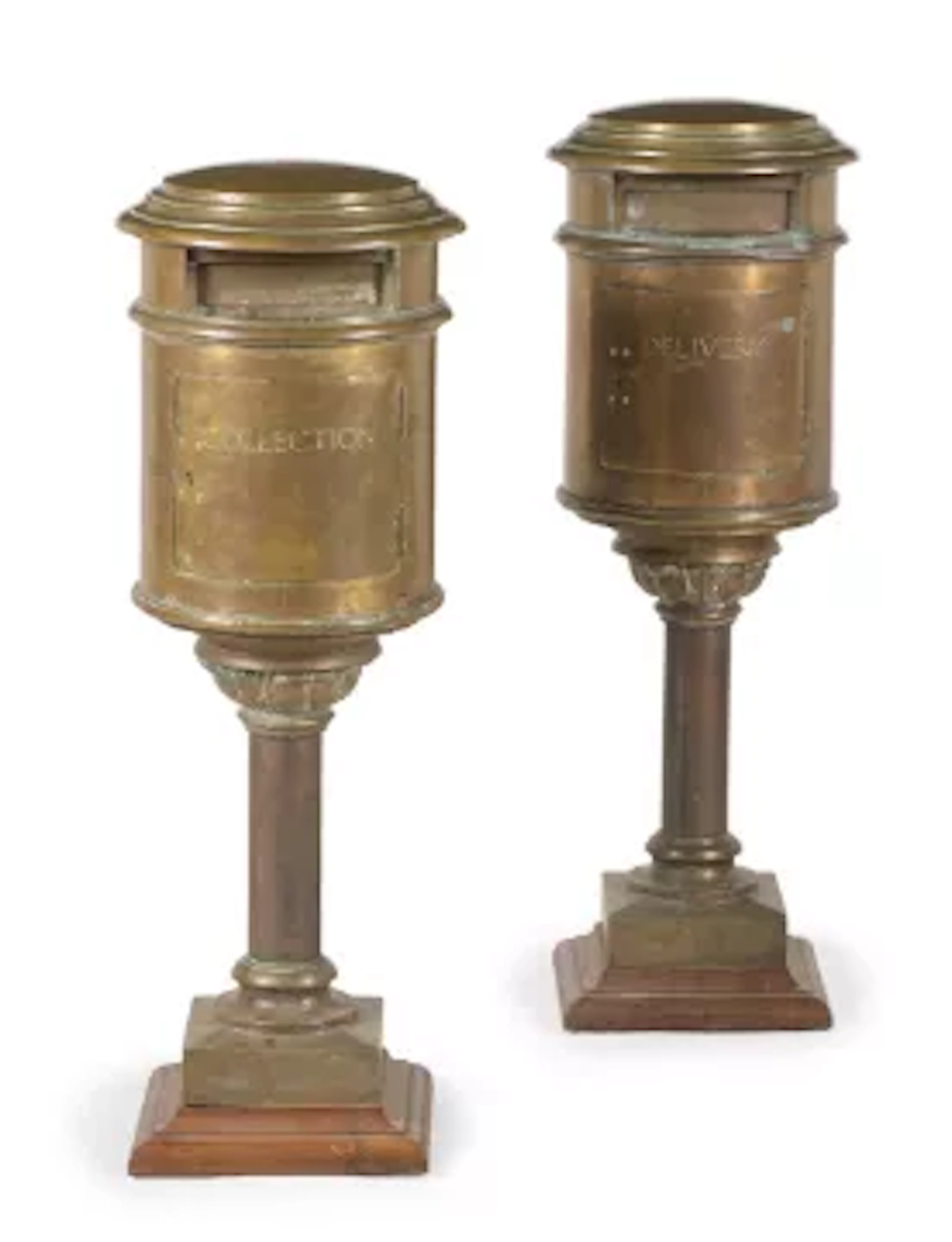 A PAIR OF BRASS AND OAK HOTEL OR COUNTRY HOUSE POST BOXES, EARLY 20TH CENTURY