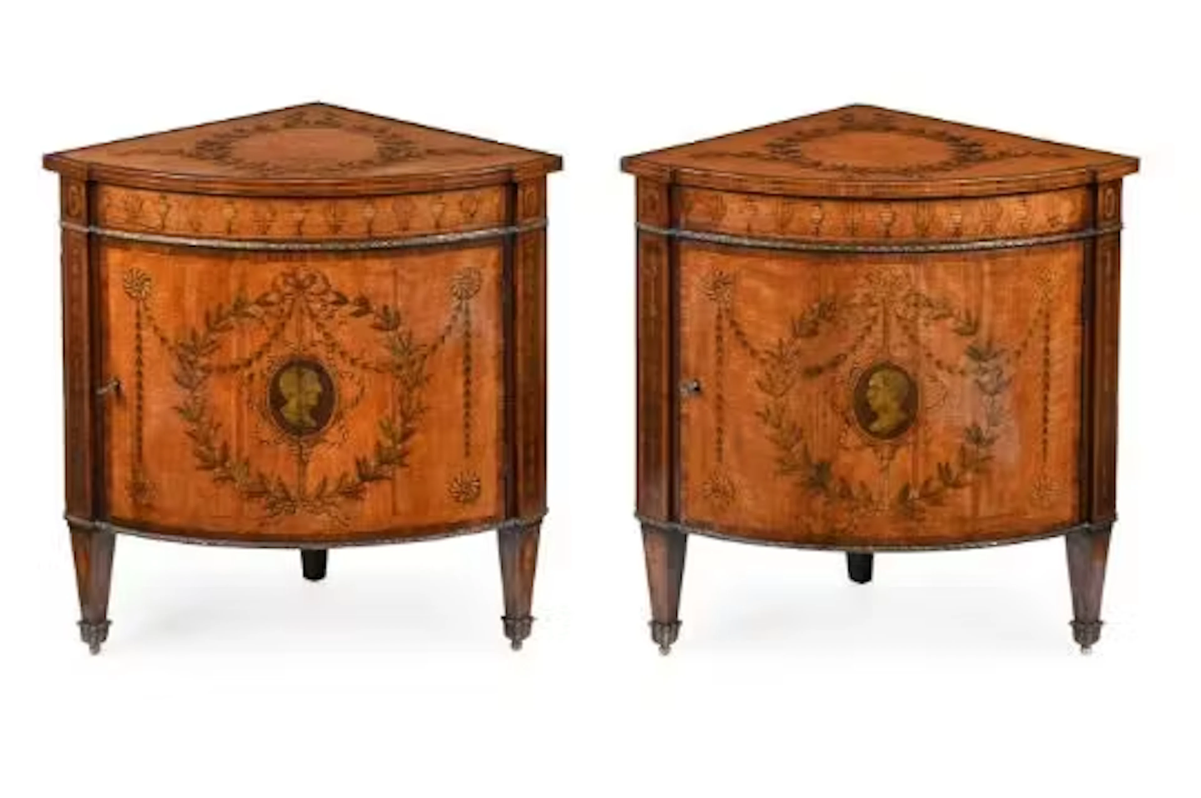 Y A PAIR OF GEORGE III SATINWOOD, ROSEWOOD AND SPECIMEN MARQUETRY