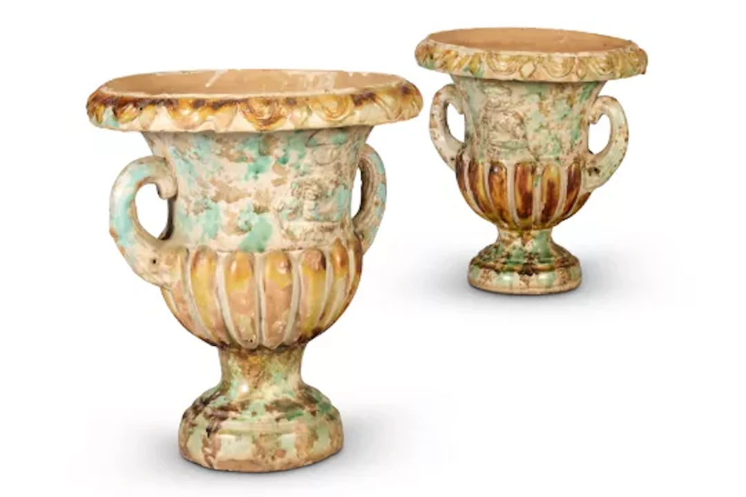 A PAIR OF CONTINENTAL GLAZED POTTERY CAMPANA URNS, SICILIAN, 19TH CENTURY