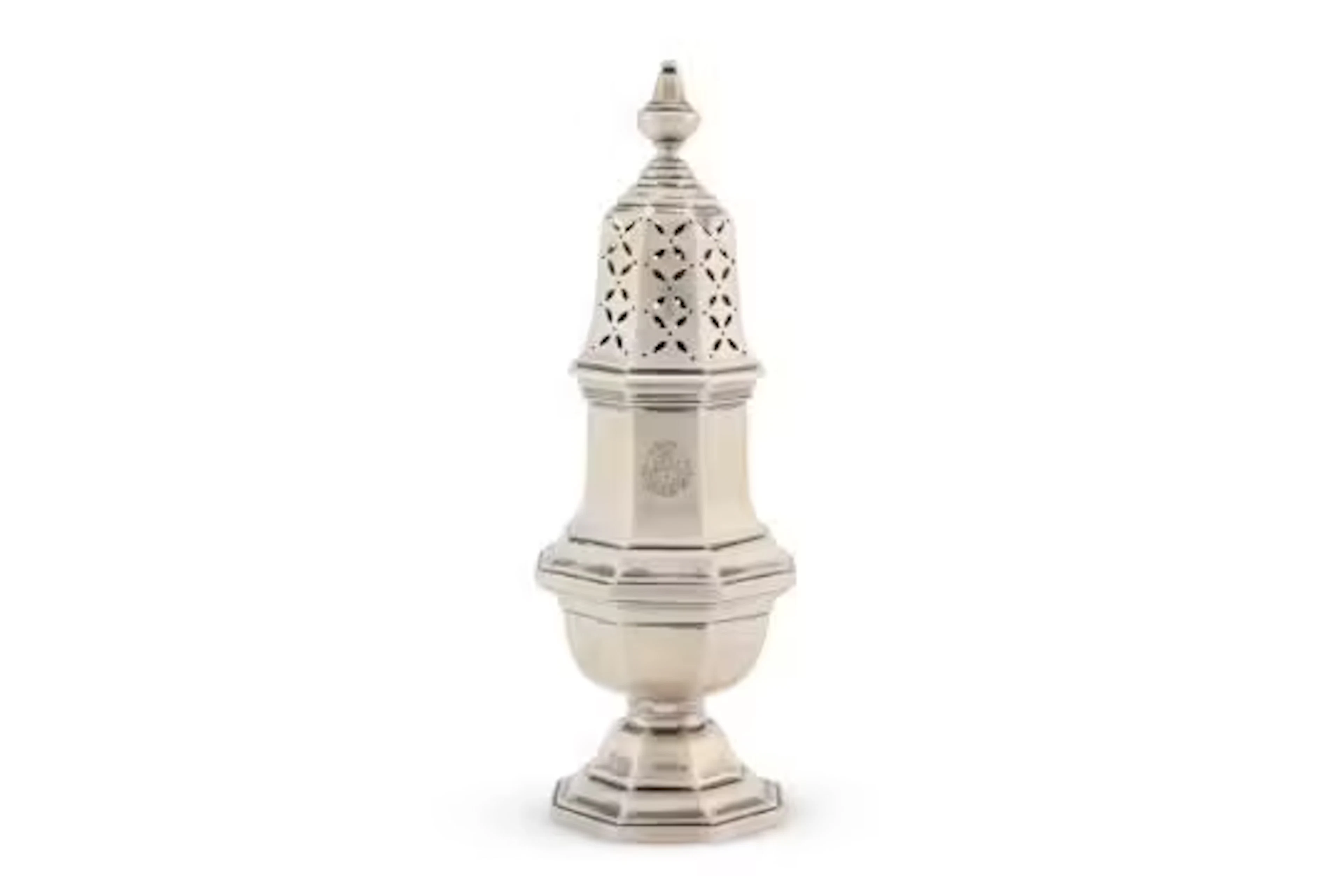 A FRENCH SILVER OCTAGONAL BALUSTER CASTOR