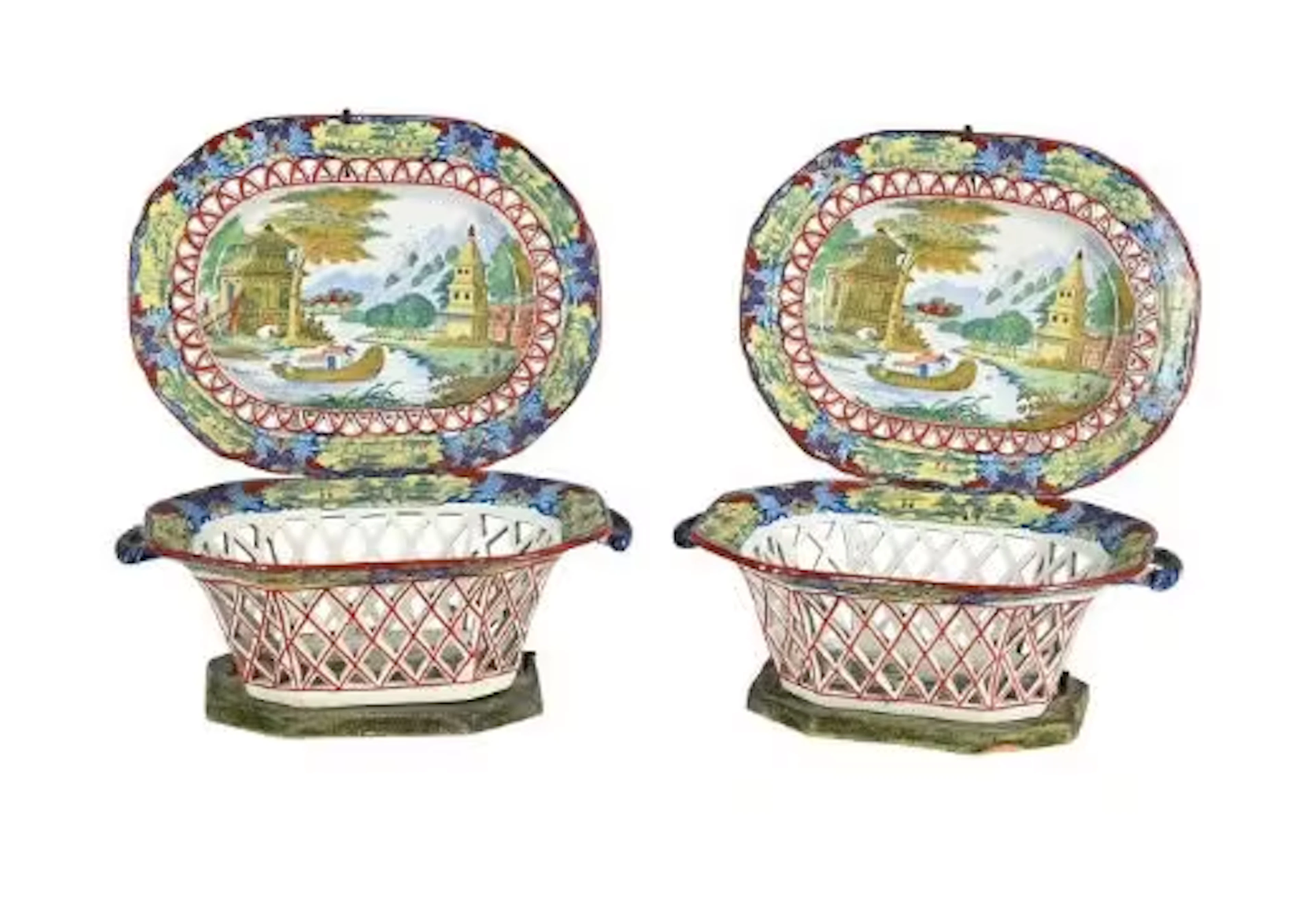 A PAIR OF ENGLISH POTTERY CHESTNUT BASKETS ON STANDS, CIRCA 1810