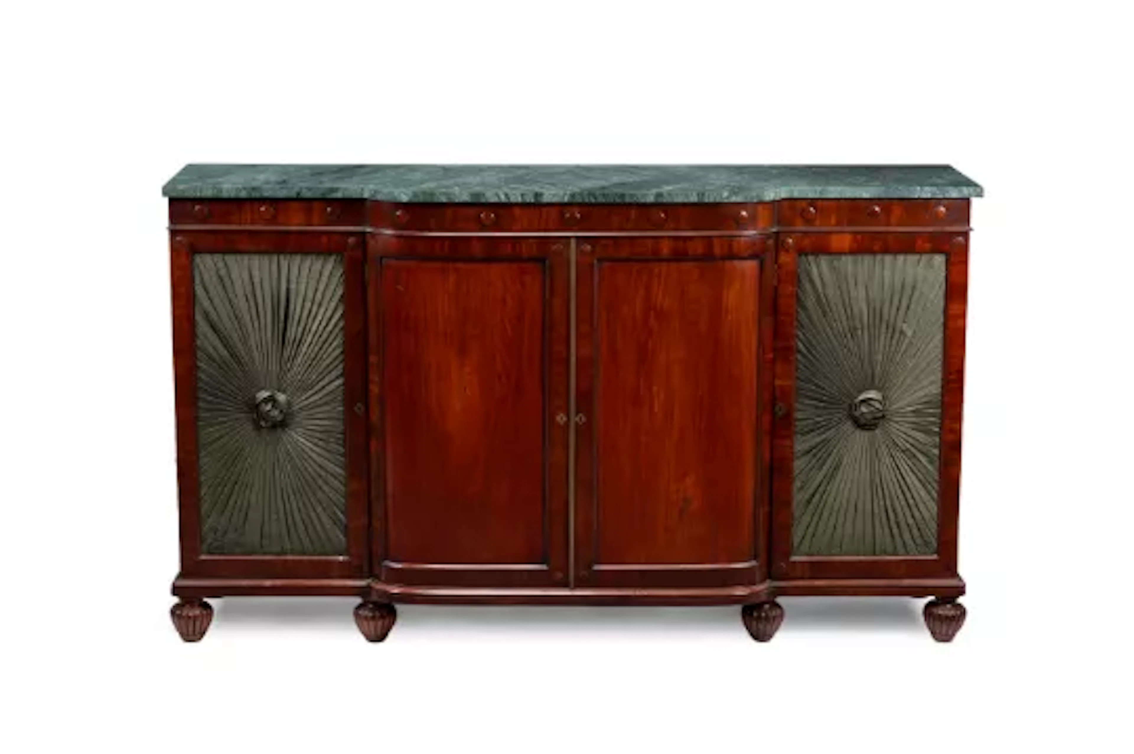 A GEORGE IV MAHOGANY BREAKFRONT SIDE CABINET, IN THE MANNER OF HOLLAND