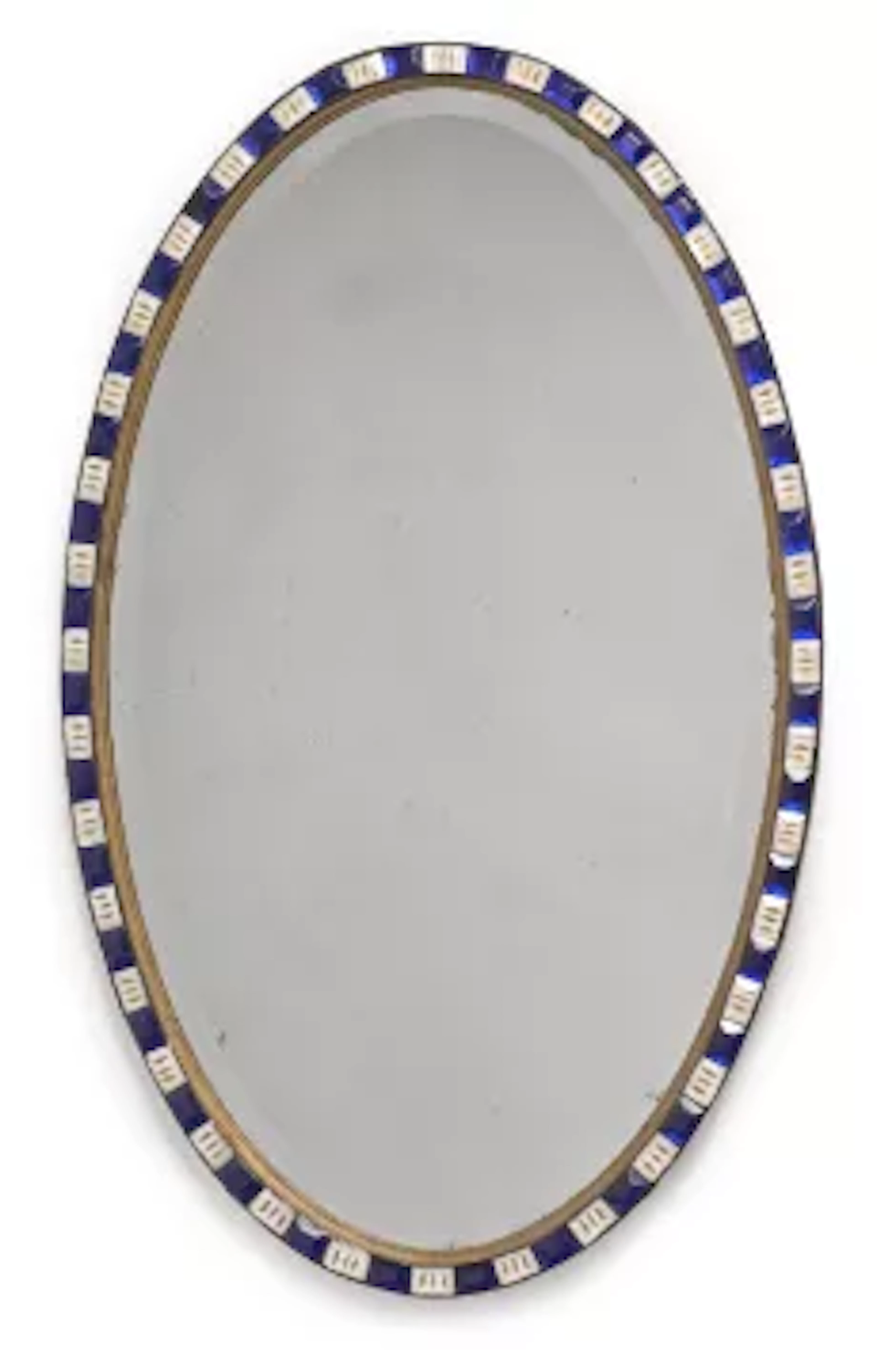A LARGE IRISH BLUE AND WHITE BEADED GLASS OVAL MIRROR, LATE 19TH OR
