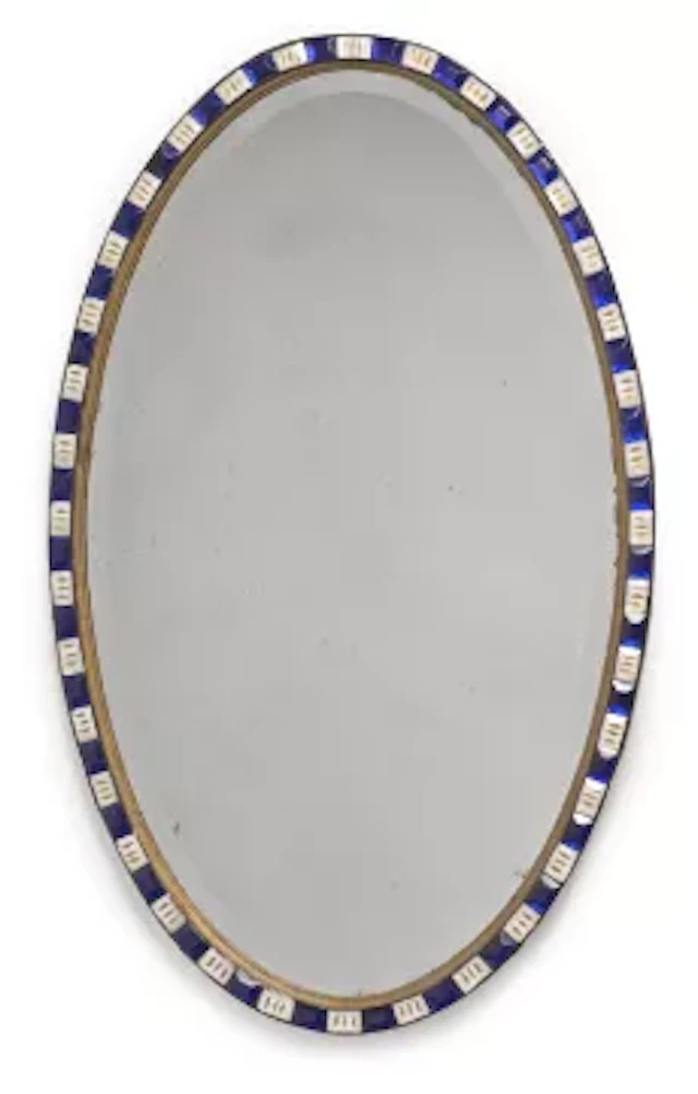 A LARGE IRISH BLUE AND WHITE BEADED GLASS OVAL MIRROR, LATE 19TH OR
