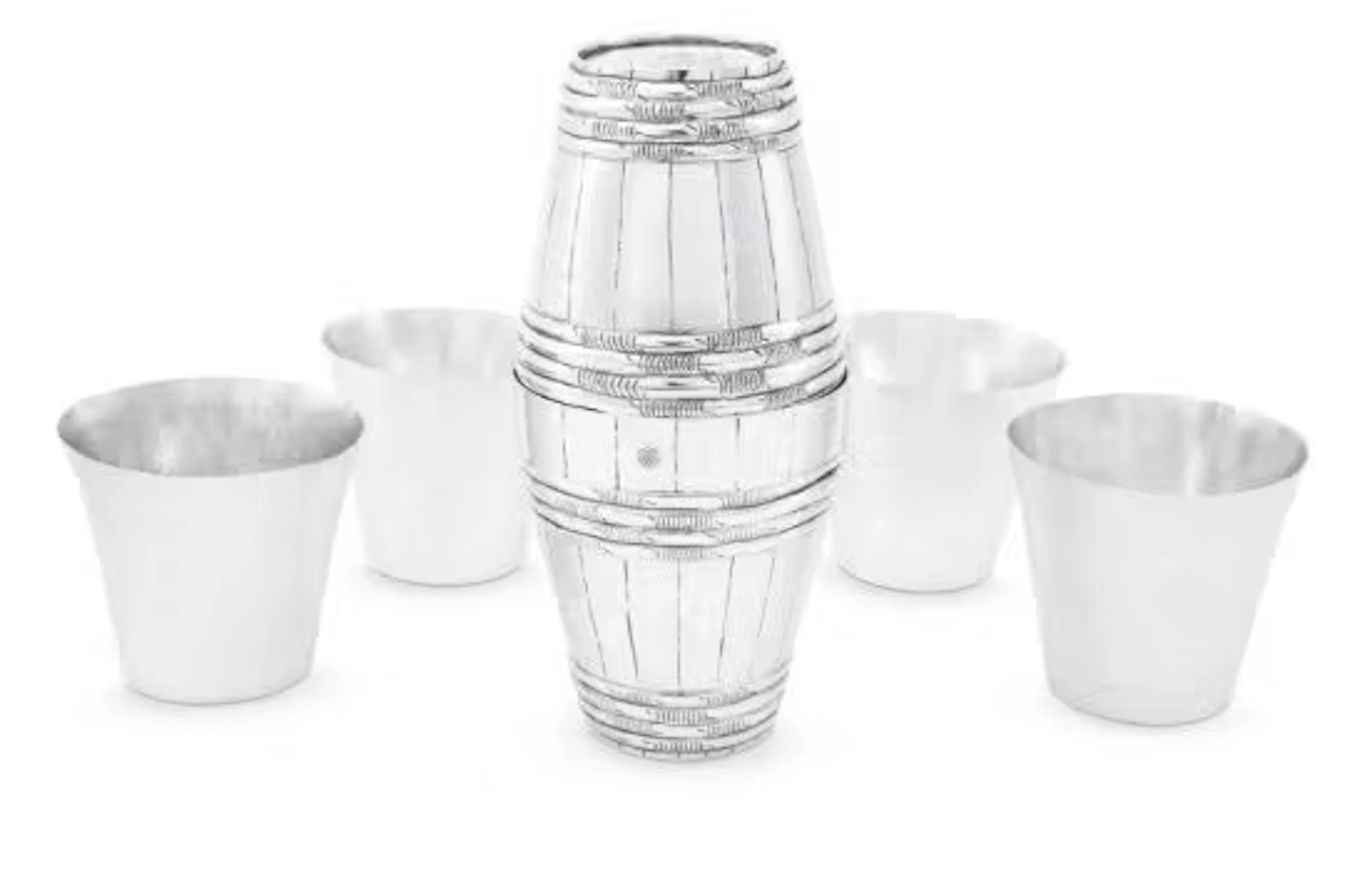 A GERMAN SILVER BARREL SHAPED DOUBLE BEAKER WITH FOUR FURTHER BEAKERS