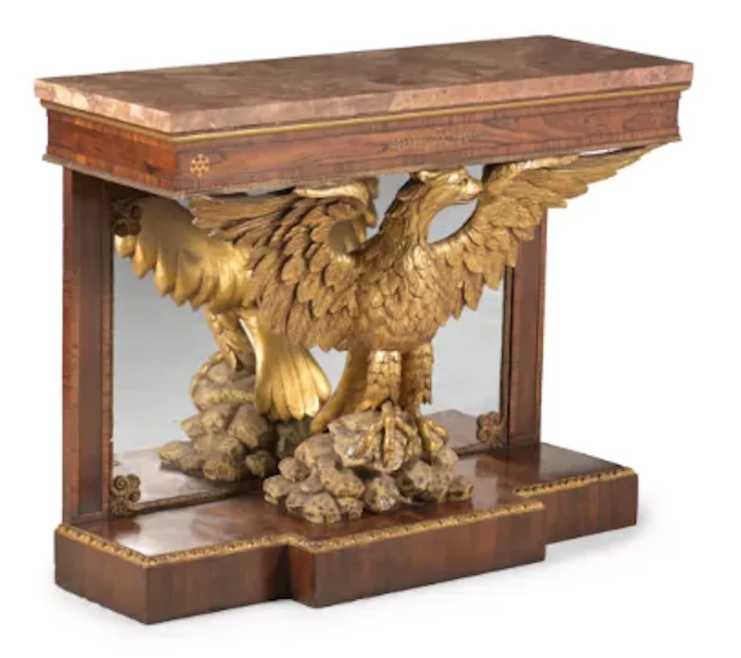 Y A CARVED GILTWOOD, ROSEWOOD AND MARBLE TOPPED EAGLE CONSOLE TABLE