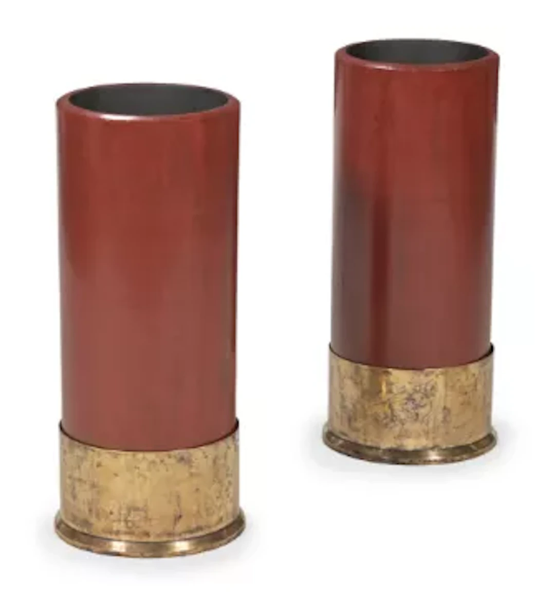 A PAIR OF RED PAINTED MAHOGANY AND BRASS MOUNTED 'SHOTGUN CARTRIDGE'