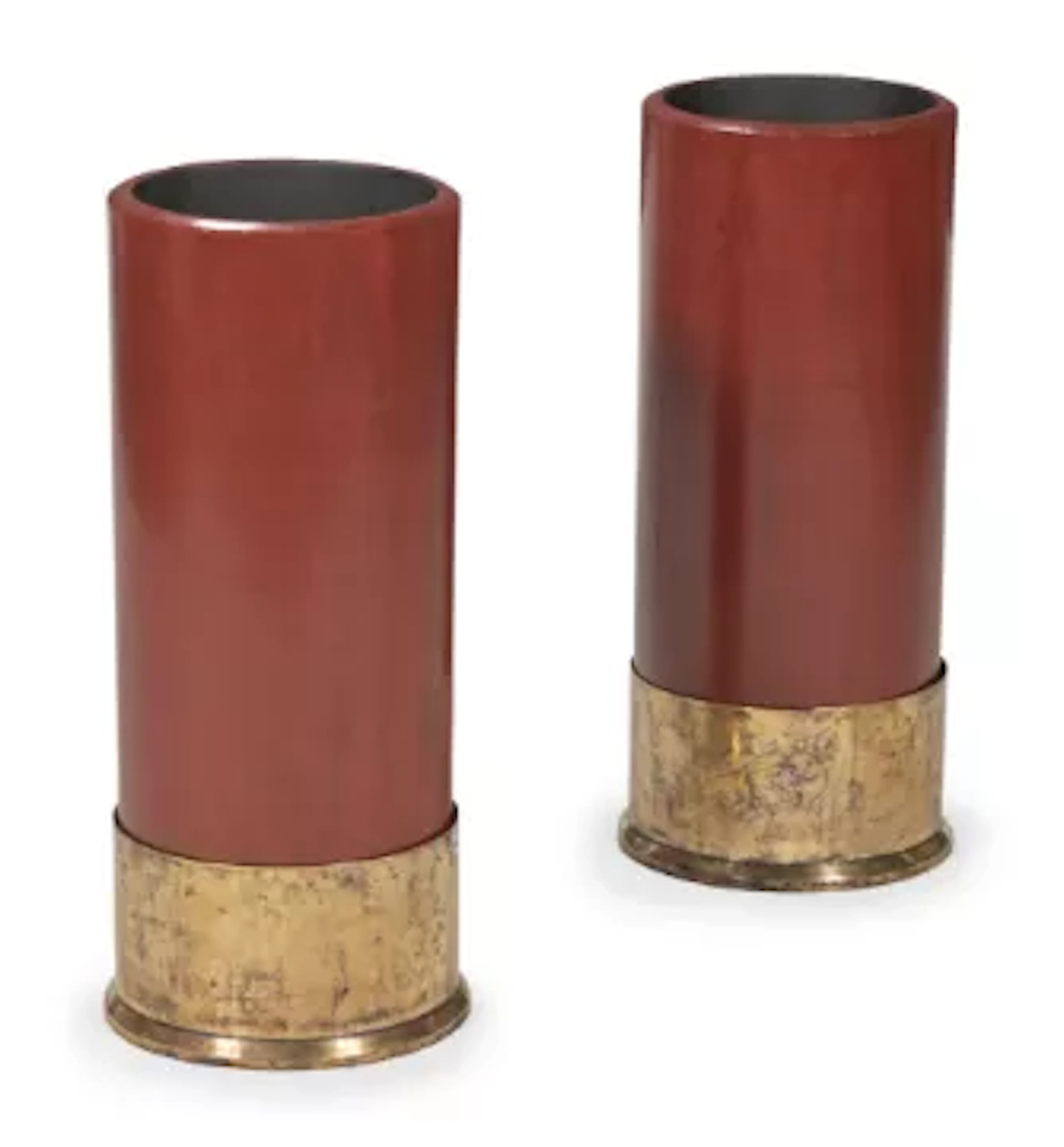 A PAIR OF RED PAINTED MAHOGANY AND BRASS MOUNTED 'SHOTGUN CARTRIDGE'