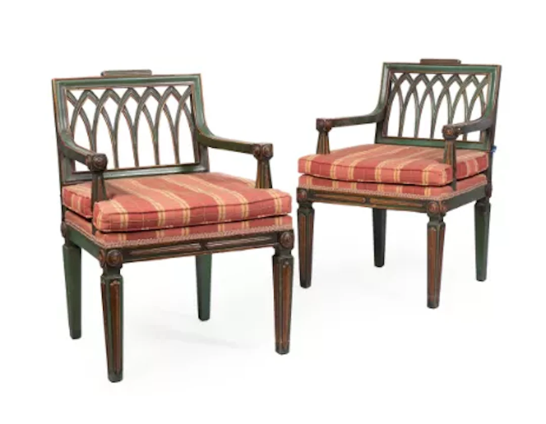 A PAIR OF LINCOLN GREEN AND PARCEL GILT LOW ARMCHAIRS, LATE 19TH CENTURY
