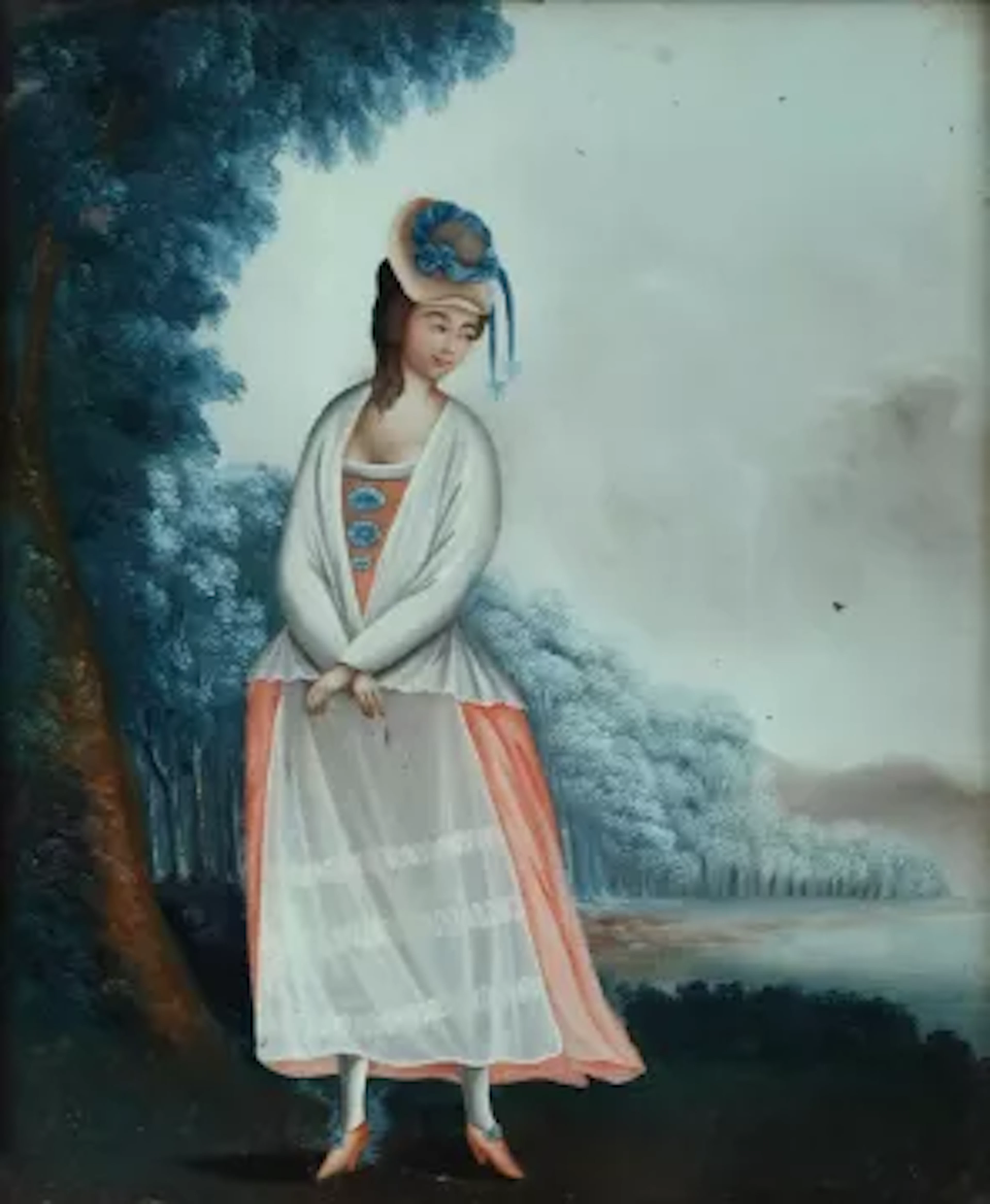 A Chinese reverse glass painting of a standing lady