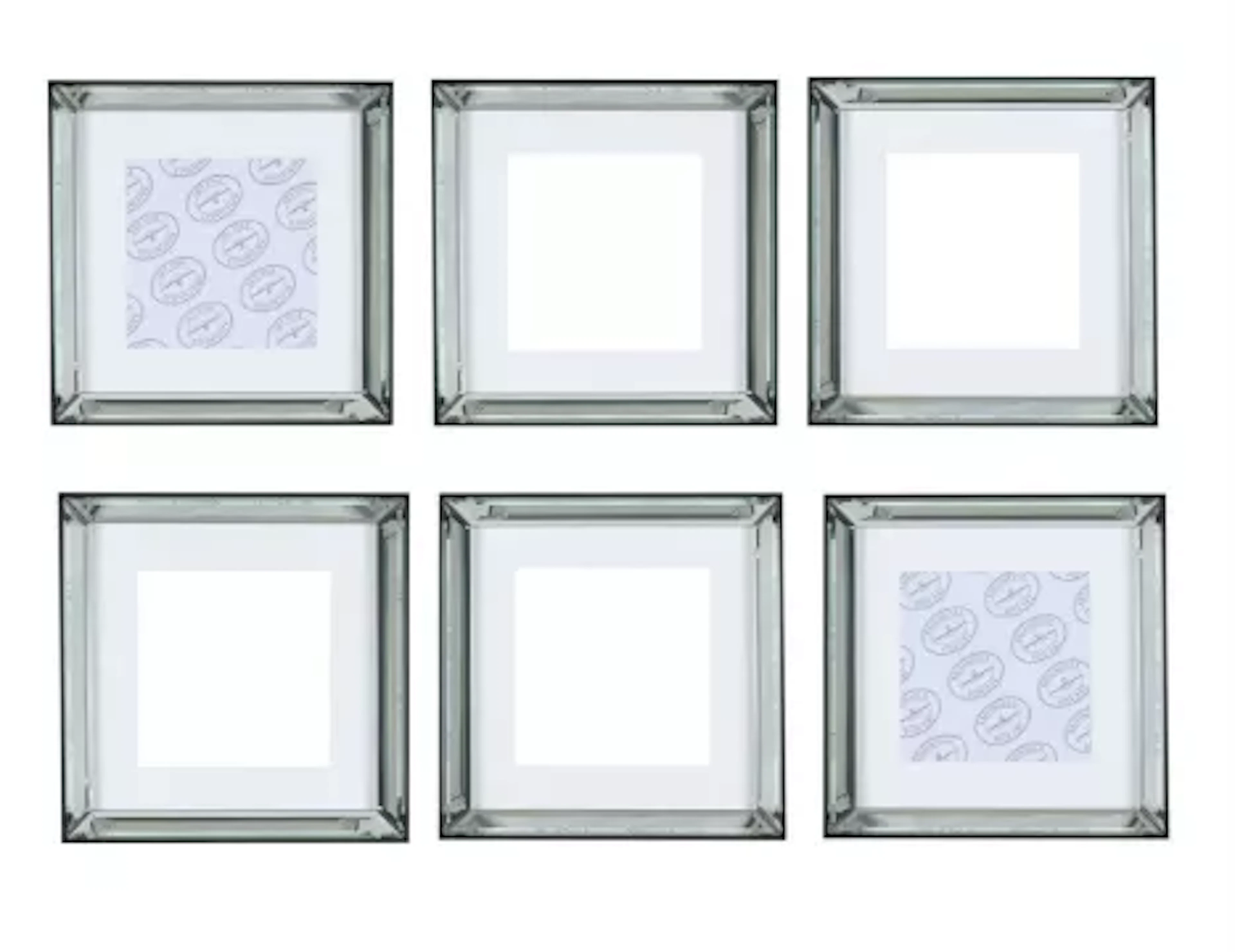 A GROUP OF SIX EBONISED AND BEVELL MIRRORED PICTURE FRAMES, OF RECENT