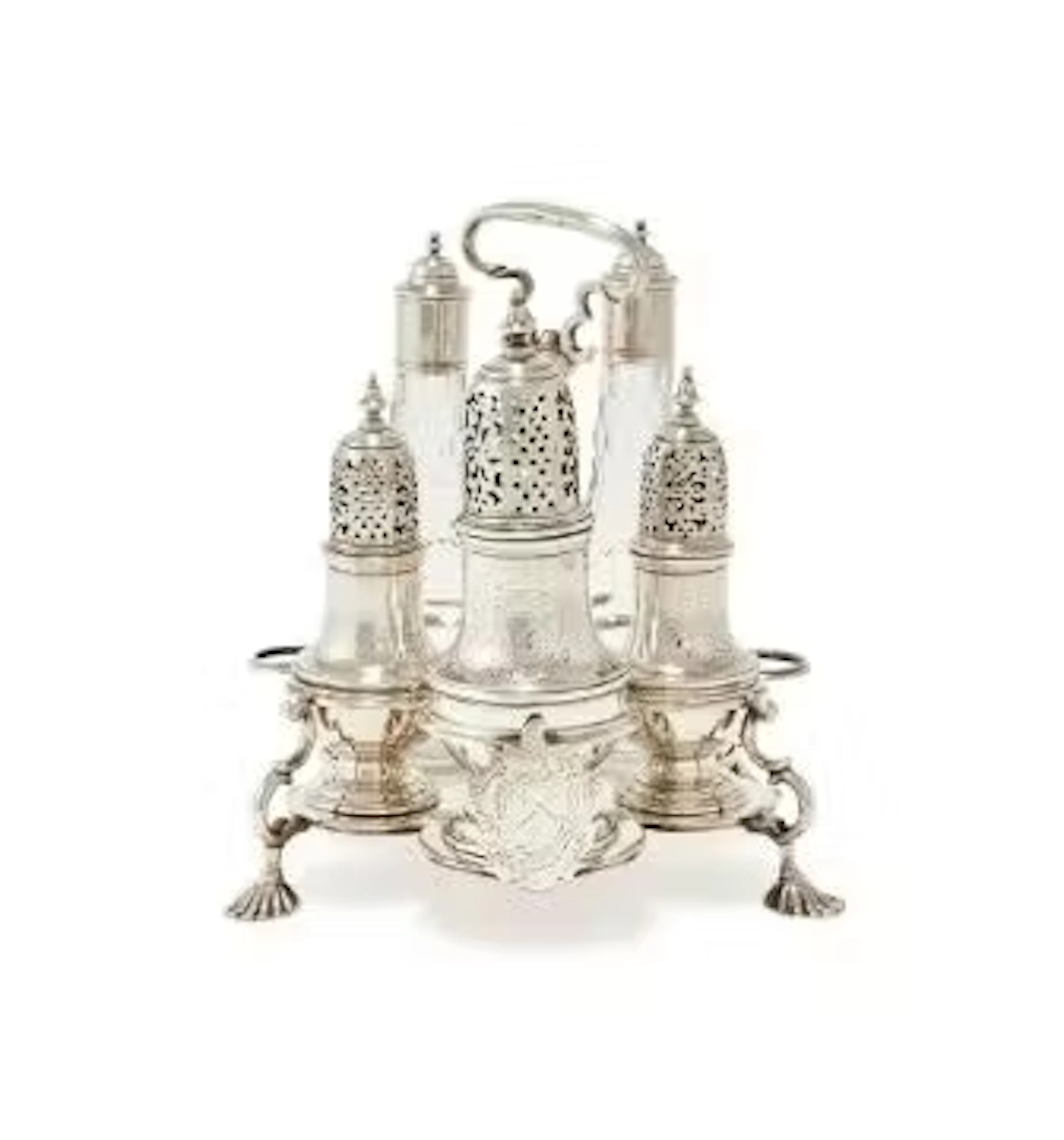A GEORGE II SILVER WARWICK CRUET STAND