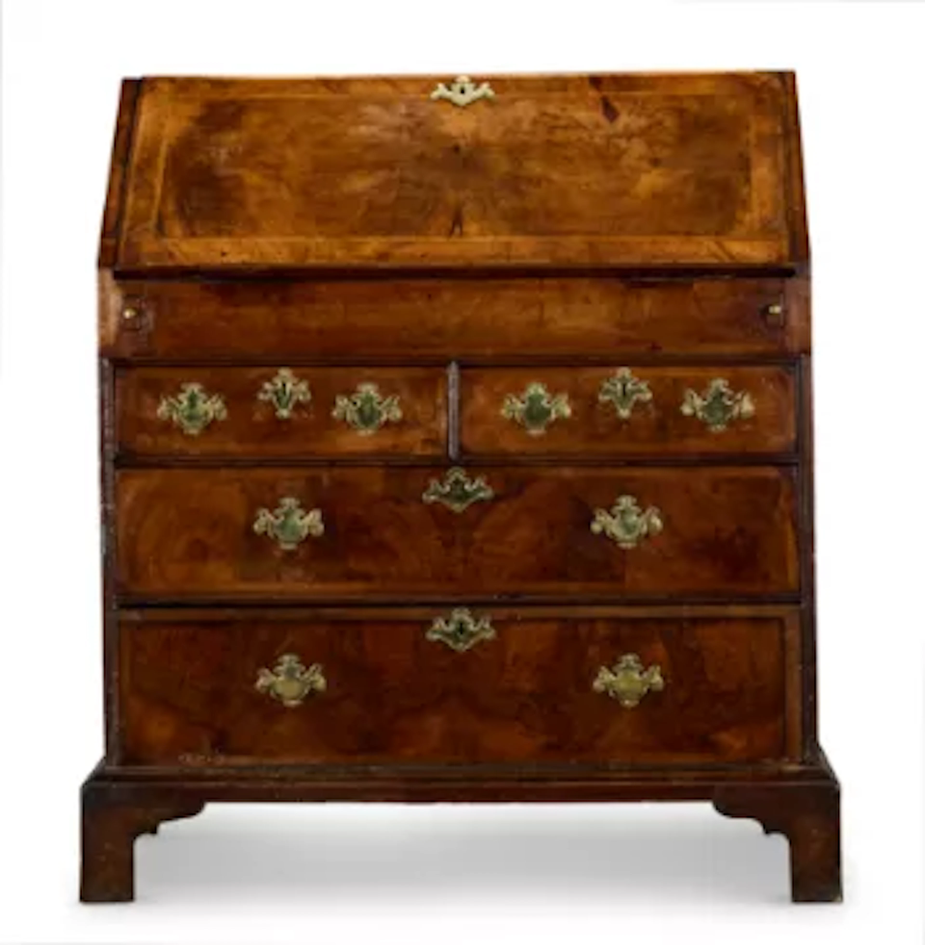A GEORGE I FIGURED WALNUT WRITING BUREAU, CIRCA 1720