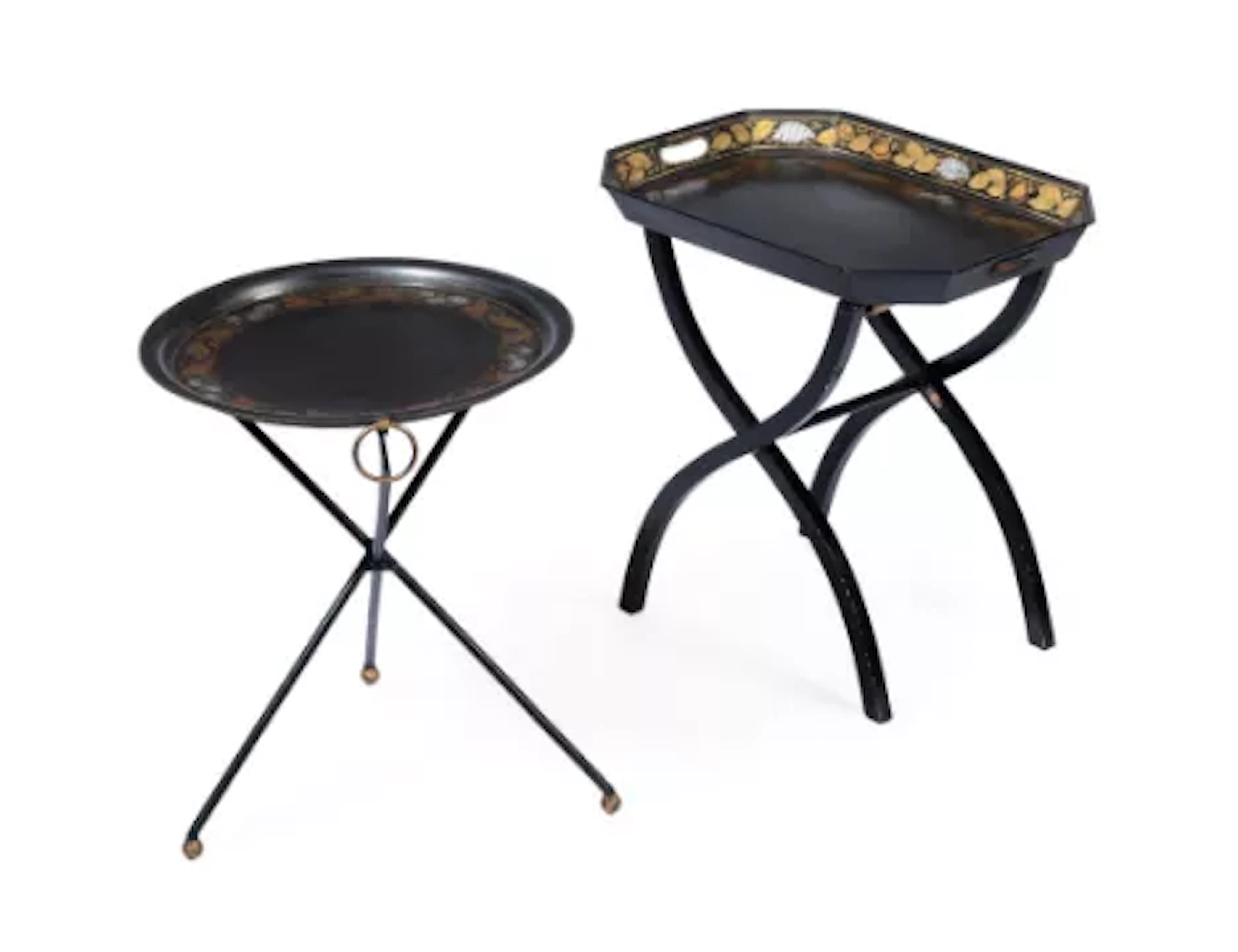 TWO BLACK AND GILT DECORATED TOLE OCCASIONAL TABLES, MODERN