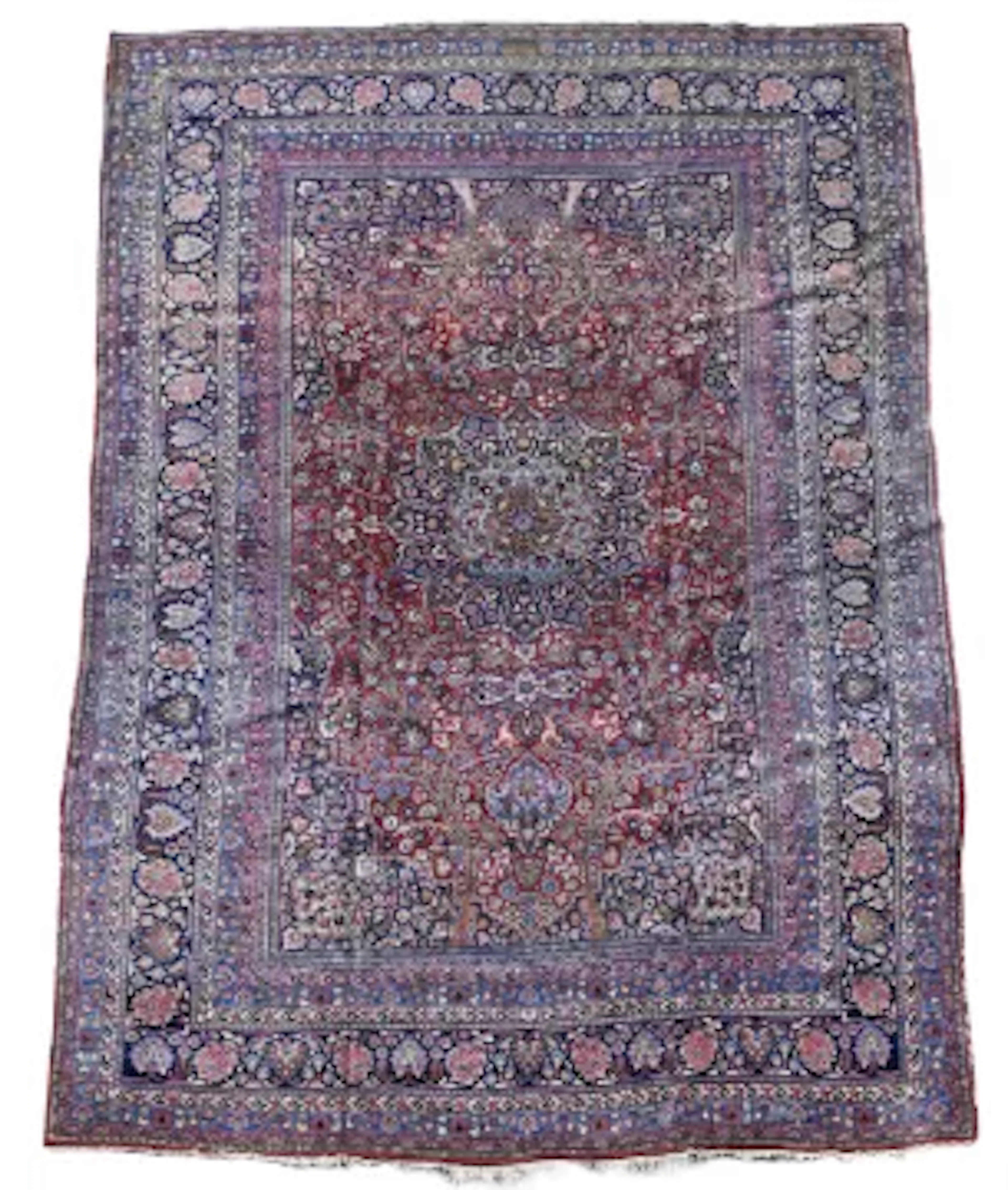 A RED GROUND QUM HAND KNOTTED WOOL CARPET, 20TH CENTURY