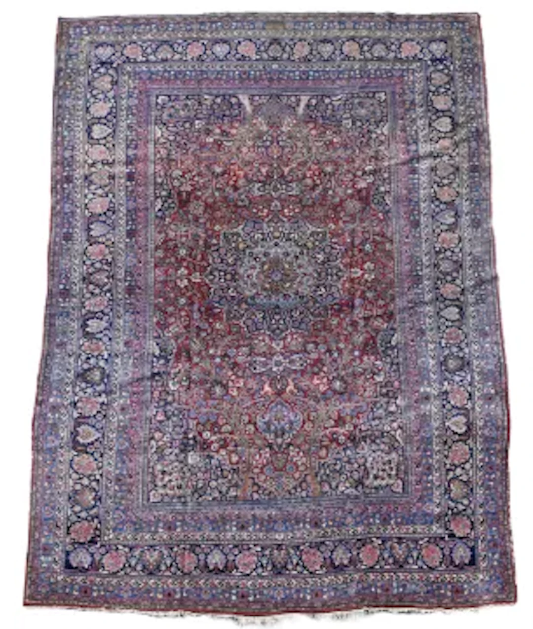 A RED GROUND QUM HAND KNOTTED WOOL CARPET, 20TH CENTURY