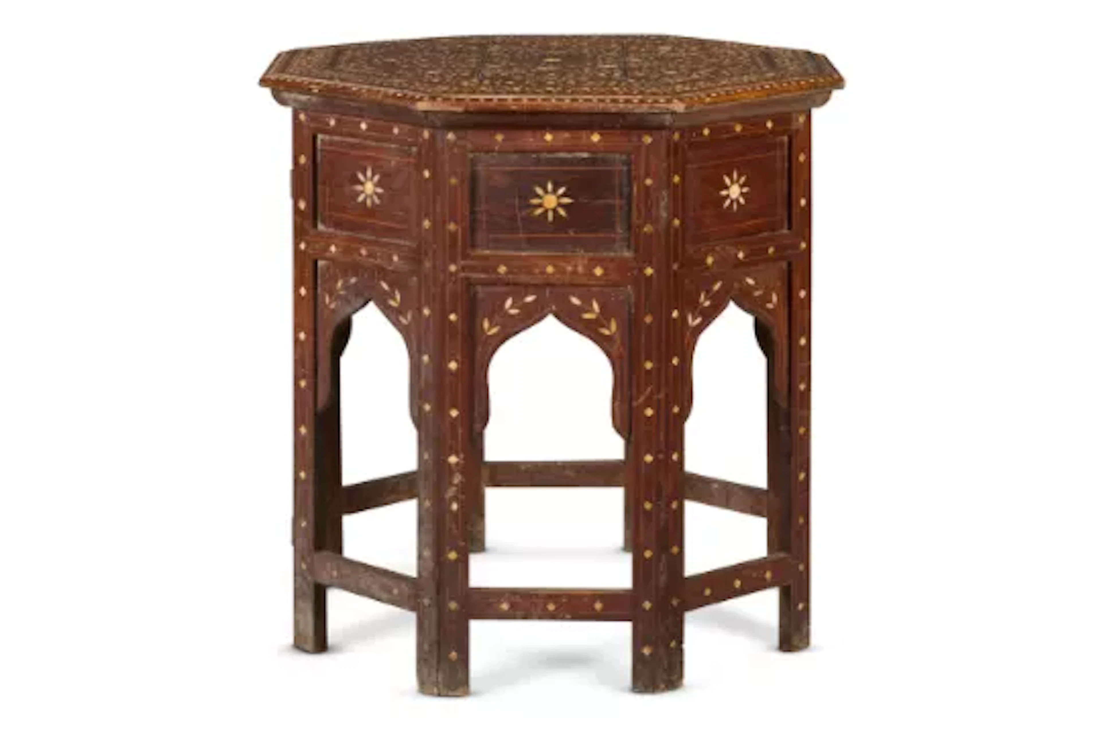 A BONE INLAID HARDWOOD OCTAGONAL TABLE, SIMLA, 19TH CENTURY