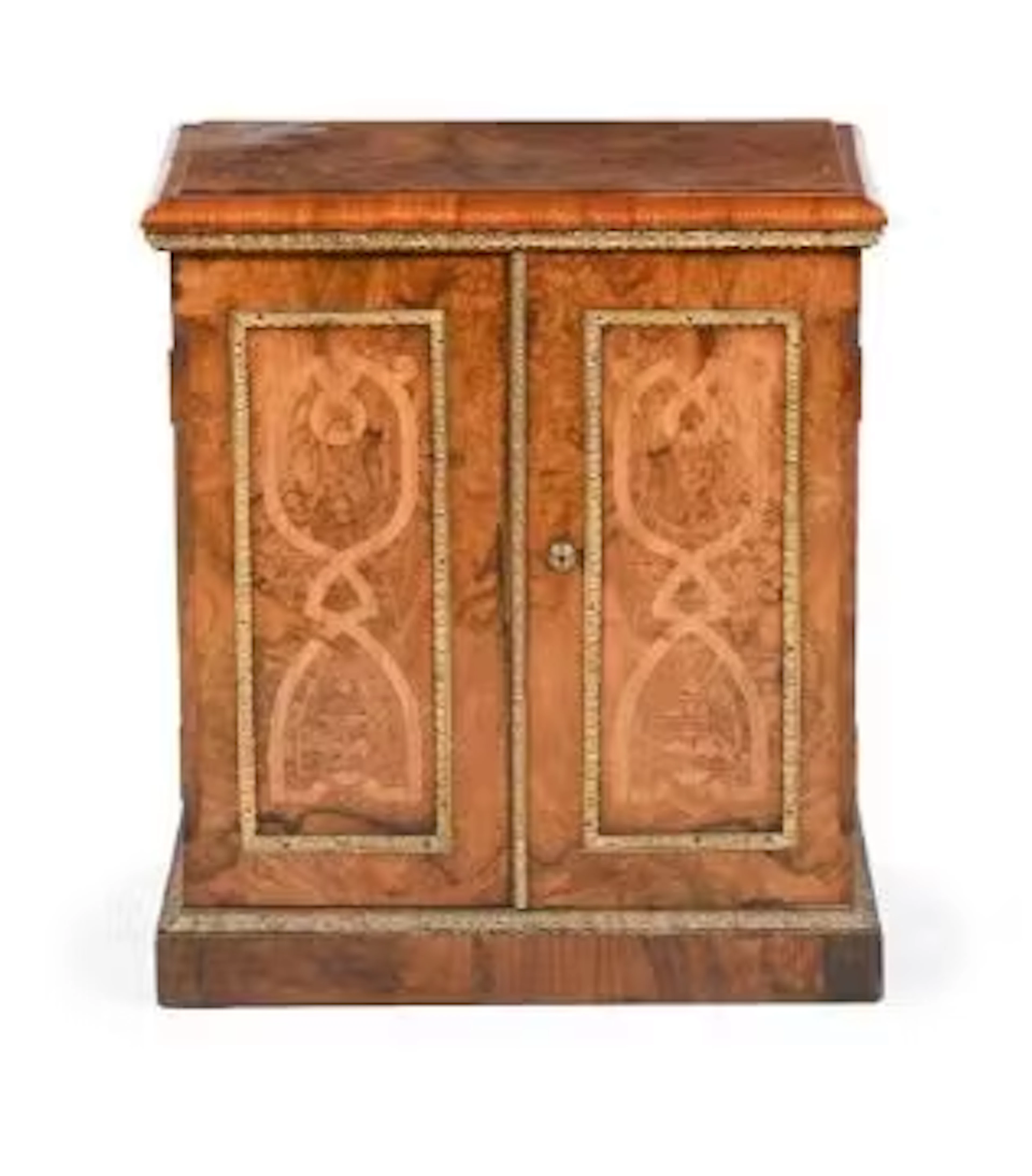A VICTORIAN WALNUT, MARQUETRY AND GILT METAL MOUNTED COLLECTORS' CABINET